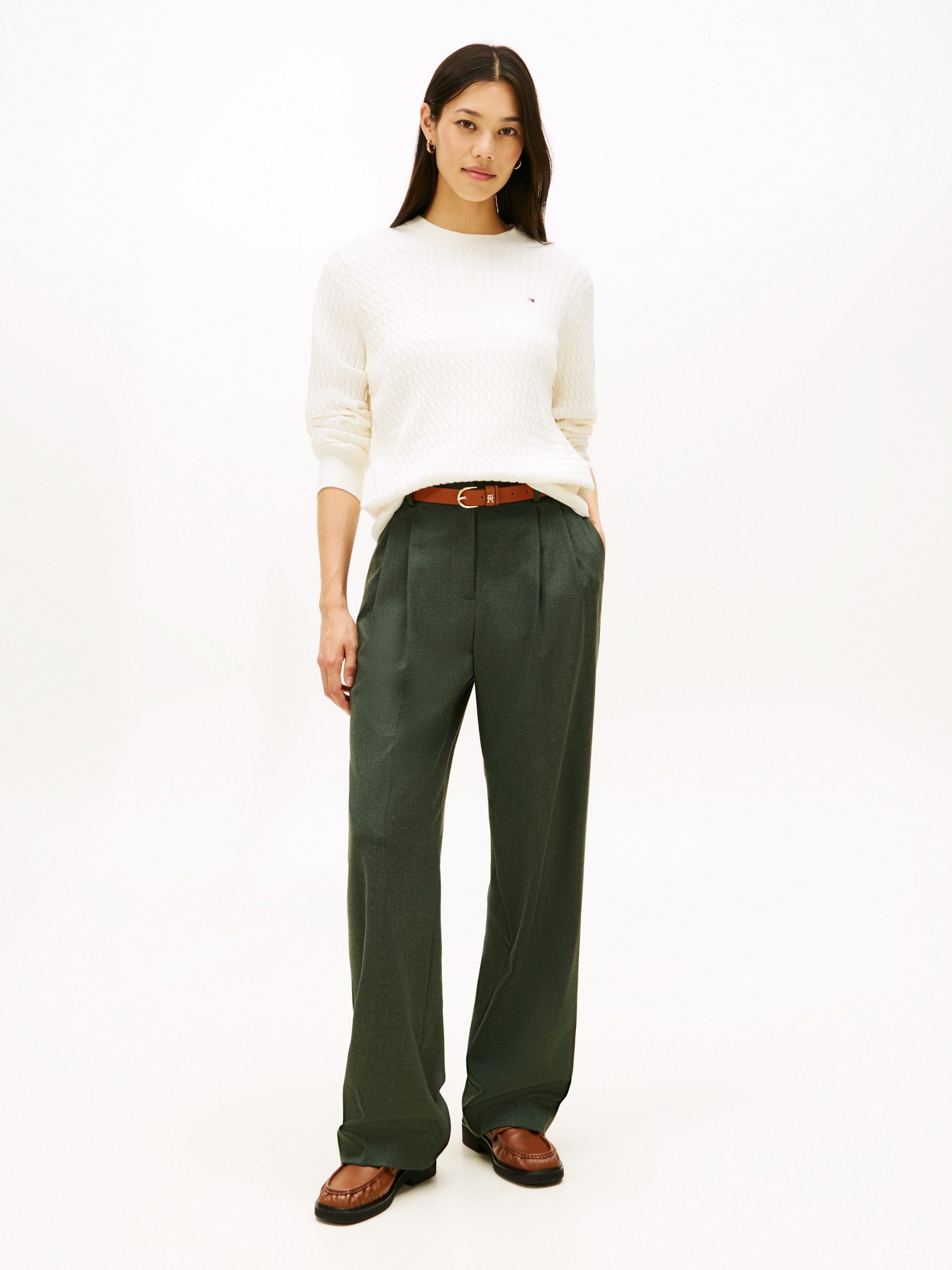 Tommy Hilfiger Rundhalspullover CO CABLE C-NK LS SWEATER Baumwolle, mit Zopfmuster, Regular Fit