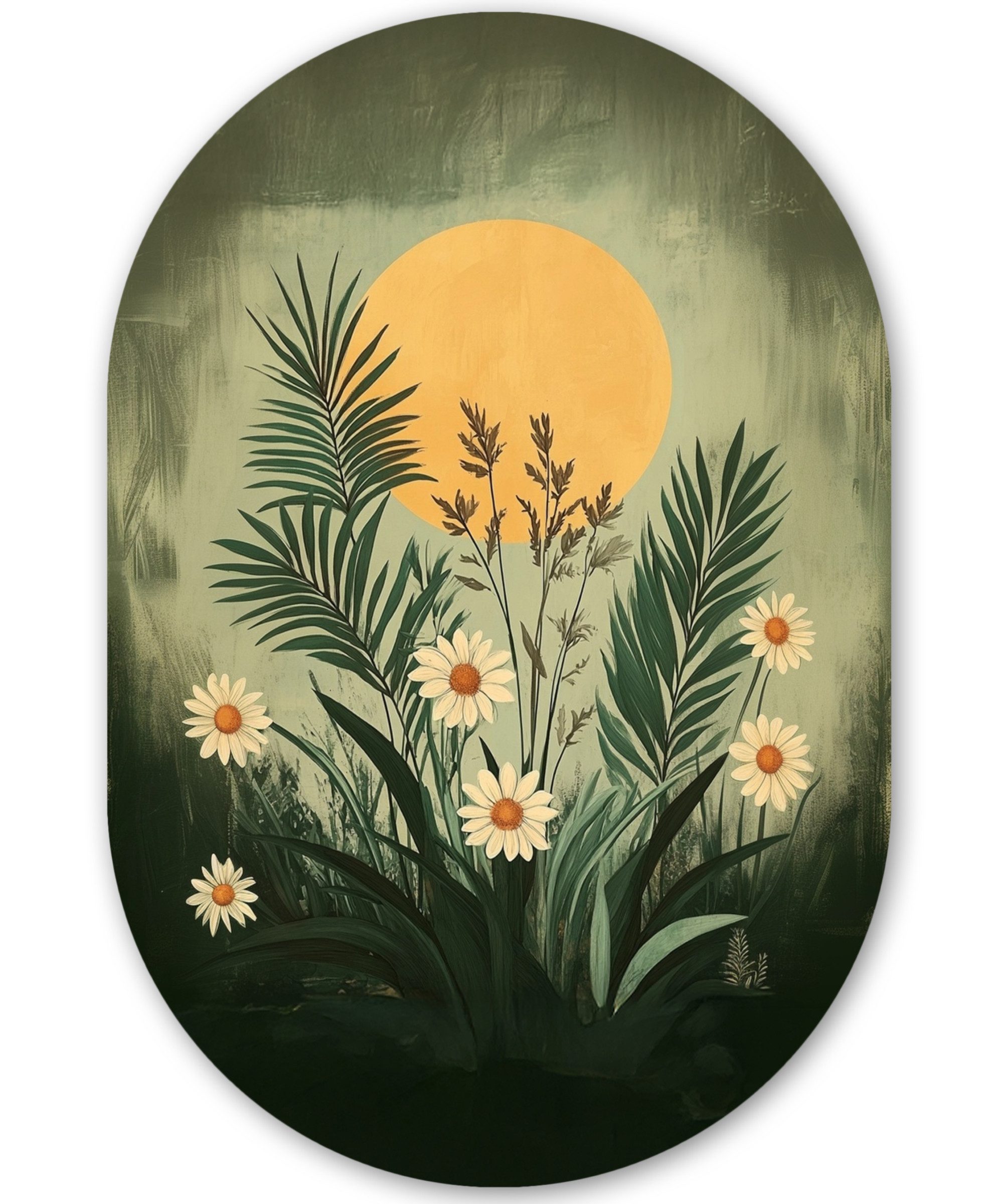 MuchoWow Gemälde Blumen - Blätter - Sonne - Grün, Fotodruck (1 St), Wandbild Oval, Wohnzimmer oder Schlafzimmer Wanddekoration, 40x60 cm