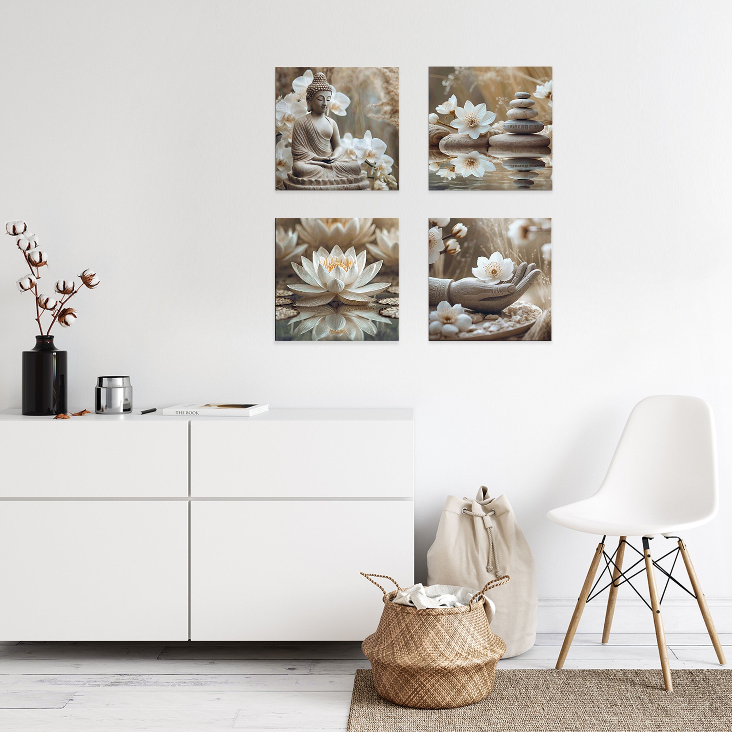 artissimo Glasbild Bild aus Glas 30x30 cm / Wandbild quadratisch, Zen & Meditation: Steine im Gleichgewicht mit weißen Blüten – Bild 3 von 5