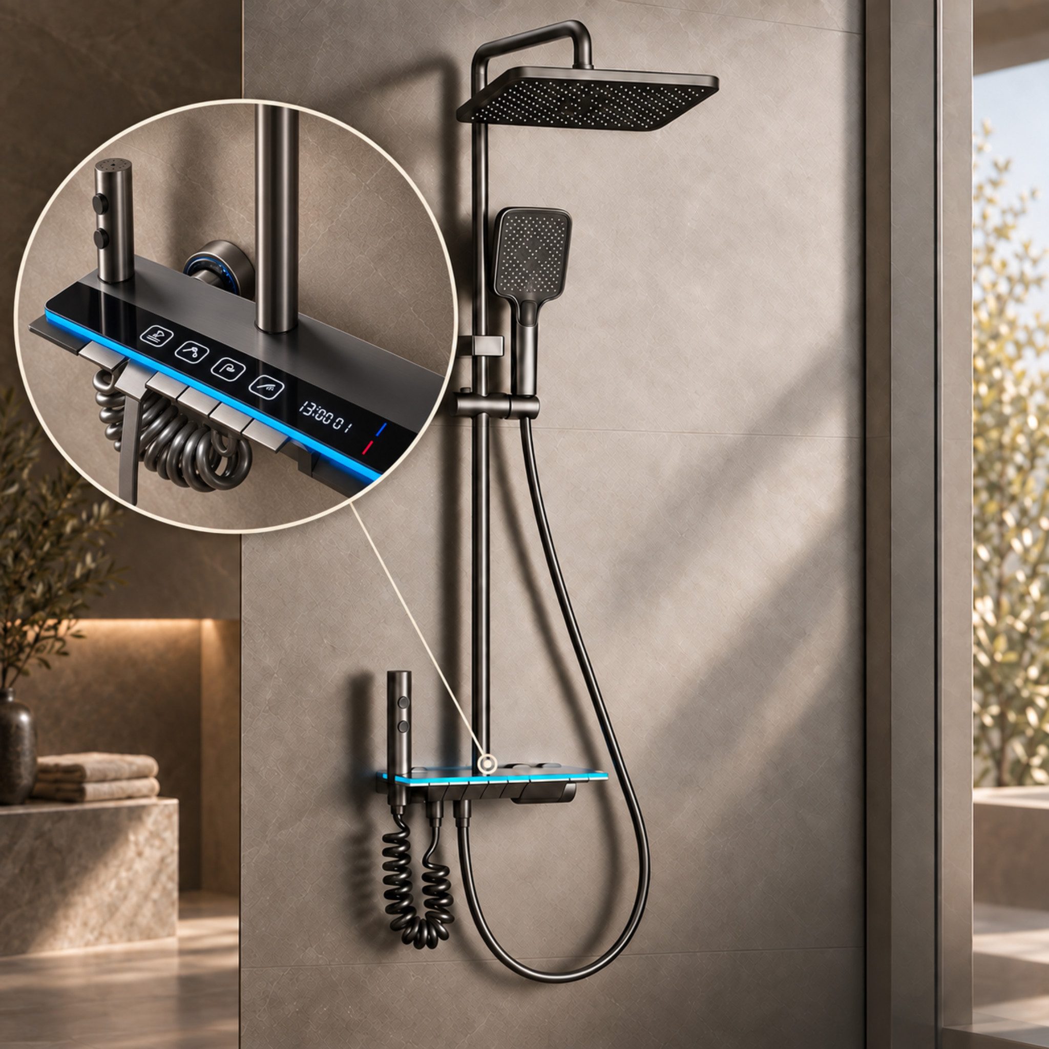 LuxaSteel Duscharmatur Duschsystem mit LED-Beleuchtung & Display (Komplett-Set, Direkt einsatzbereit) Regendusche Komplettset mit LED-Beleuchtung & Display