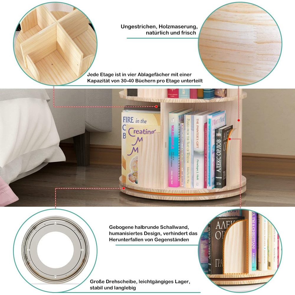 TUWENA Bücherregal 4/5 Etagen Bücherregal, Holz Standregal, 360 Grad Drehbares Lagerregal, Für Bibliothek, Schlafzimmer, Wohnzimmer,multifunktionales Bücherregal