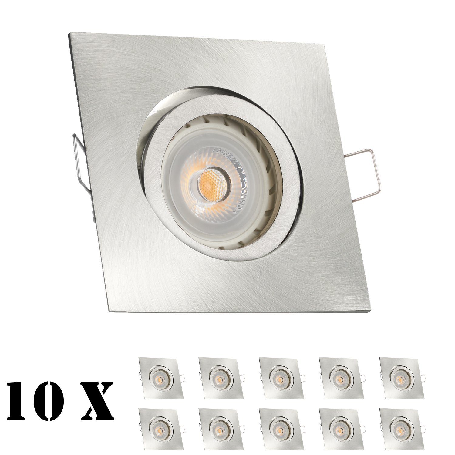 LEDANDO LED Einbaustrahler »10er LED Einbaustrahler Set Silber gebürstet  mit LED GU10 Markenstrahler von LEDANDO - 7W - warmweiss - 30°  Abstrahlwinkel - schwenkbar - 50W Ersatz - A+ - LED Spot 7 Watt -  Einbauleuchte LED eckig«