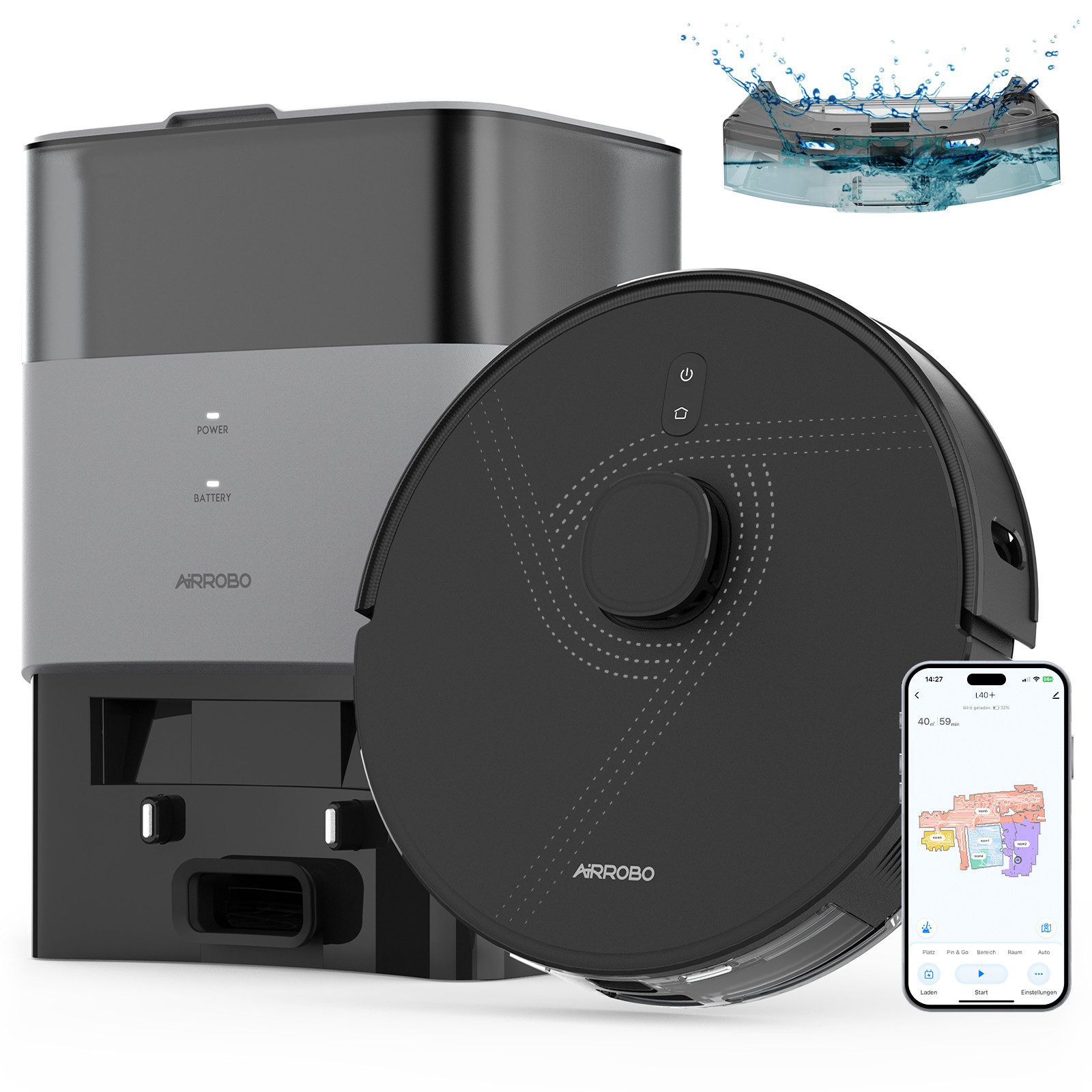 AIRROBO Nass-Trocken-Saugroboter L40+ Roboterstaubsauger mit Wischfunktion und Absaugstation, 50 W, 3000 Pa Saugkraft, 75 Tage freihändige Reinigung, USLAM LiDAR-Navigation, 3-in-1 Saugen & Wischen, 180 Min. Laufzeit