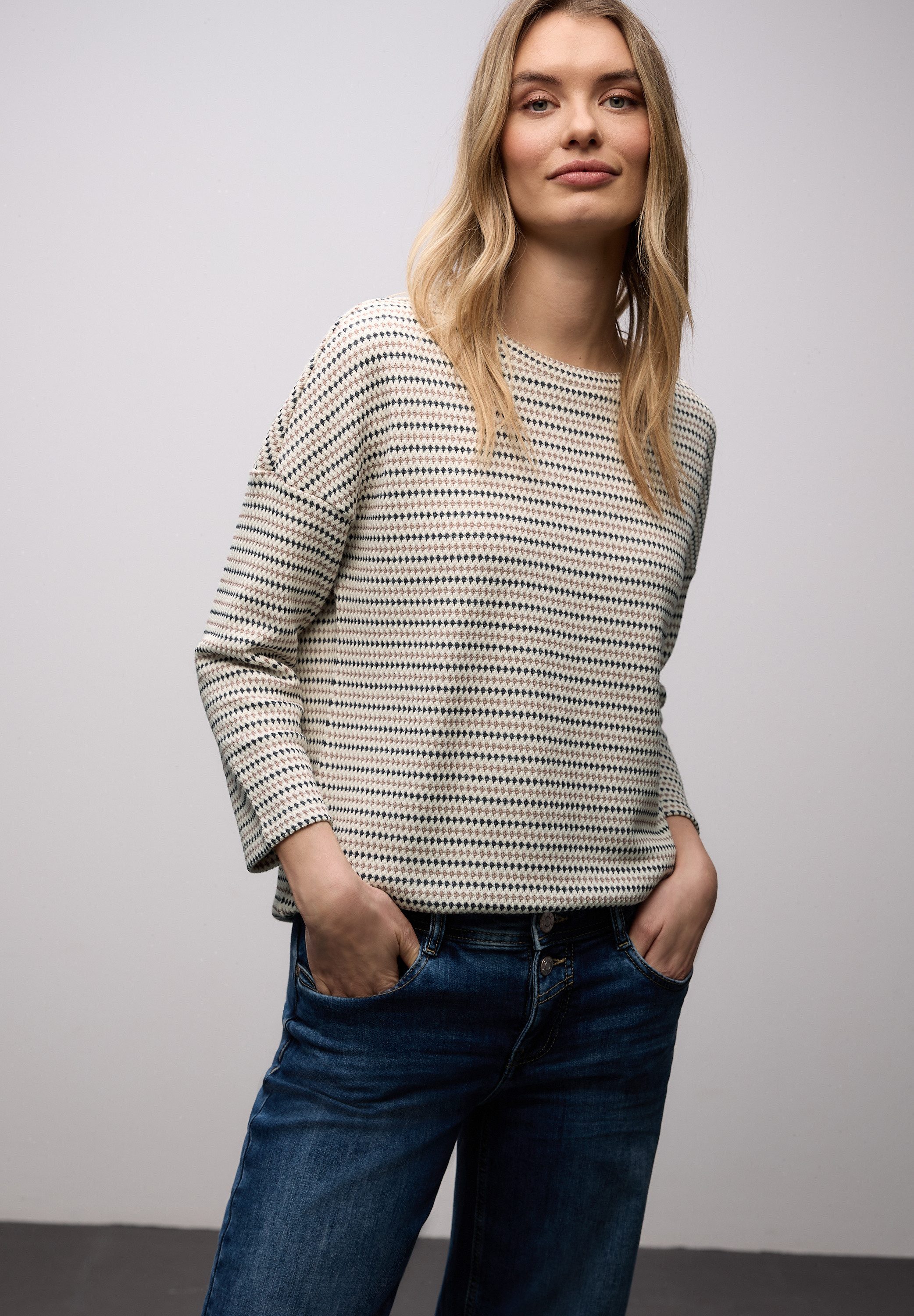 STREET ONE 3/4-Arm-Shirt mit gestreiften Strick-Look und U-Boot-Ausschnitt