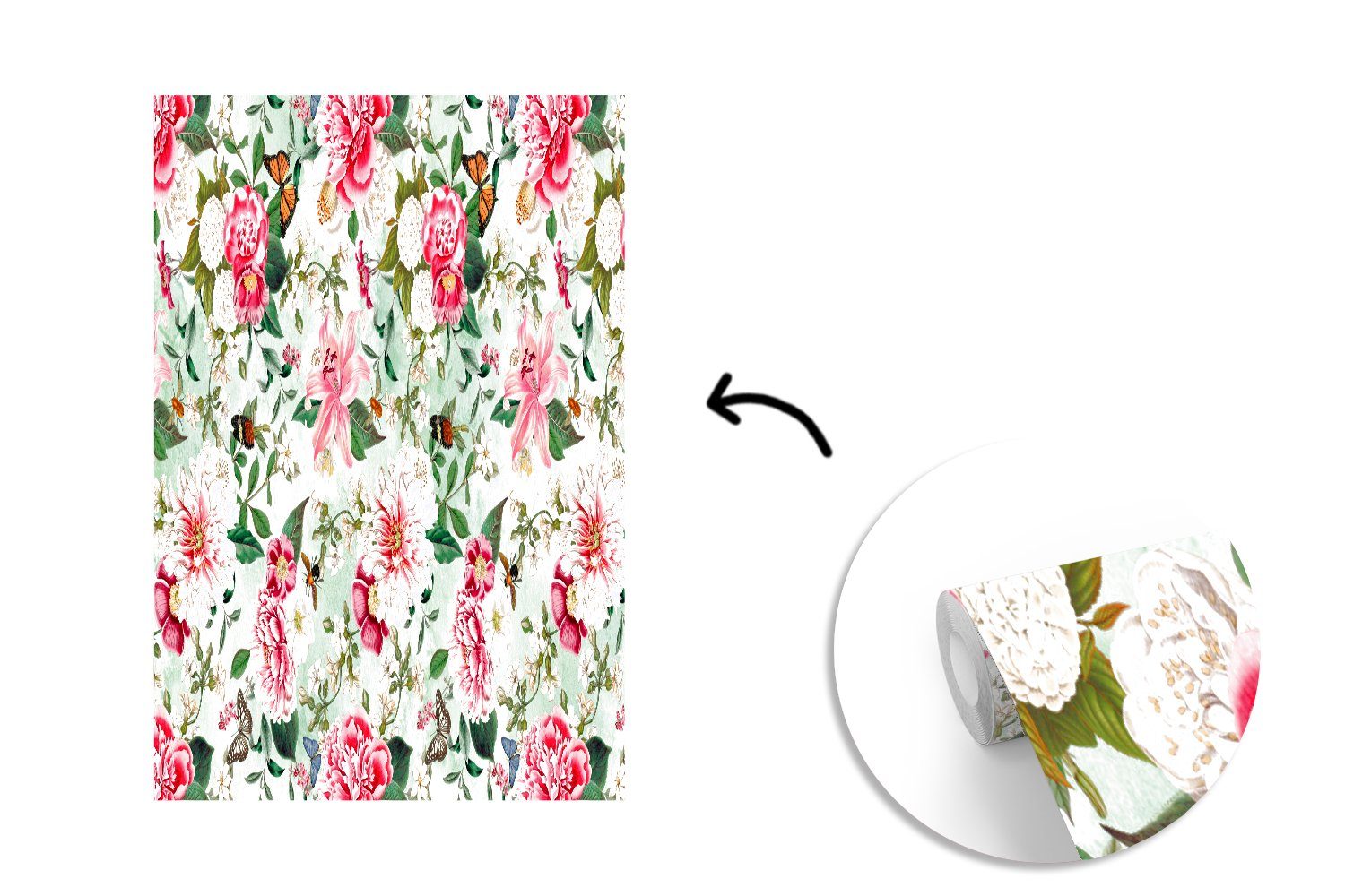 MuchoWow Fototapete Blumen - Lilie Wohnzimmer, Vinyl bedruckt, Matt, Schmetterling, - Wandtapete Tapete - (3 Rosa St), Montagefertig für
