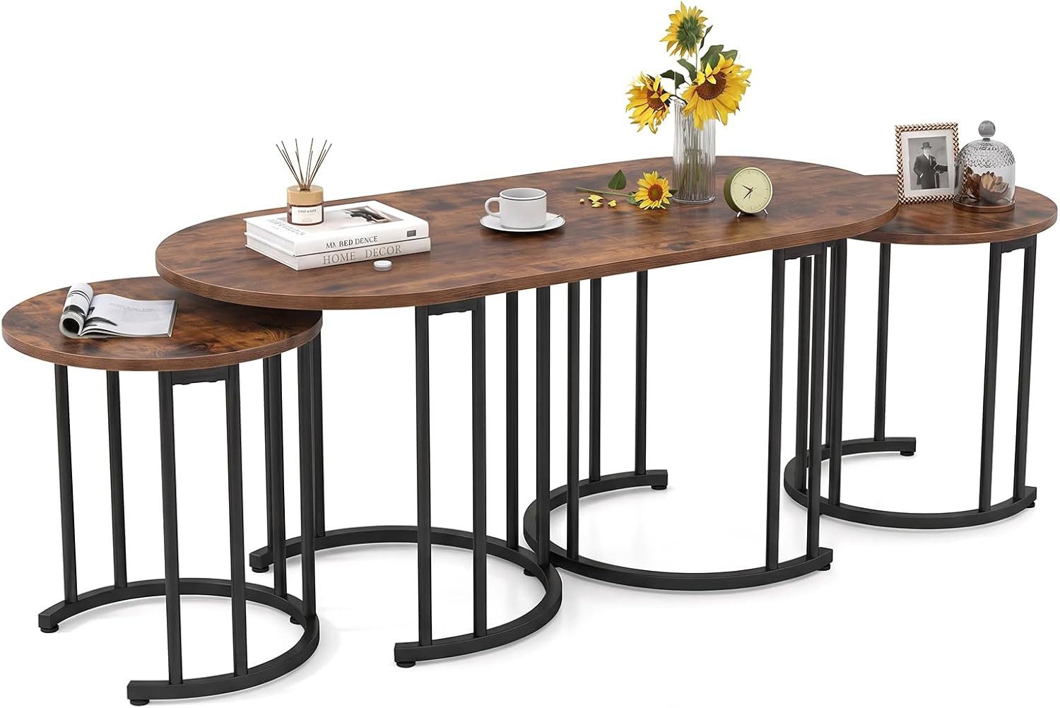 COSTWAY Couchtisch stapelbare Beistelltische (3er Set), Marmor, gold