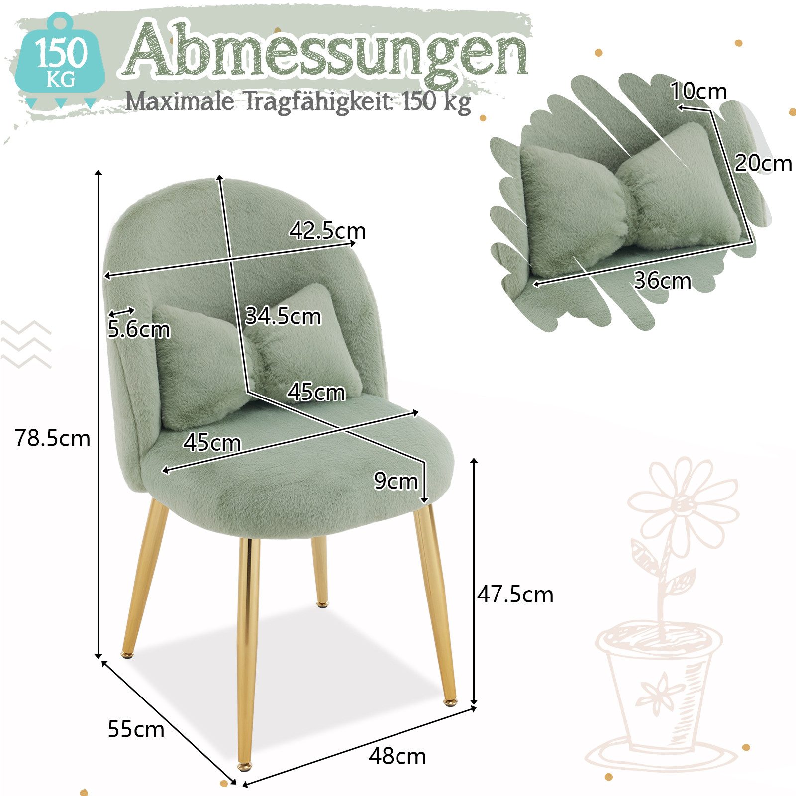 VINGLI Polsterstuhl mit Schleife Zierkissen, Schminktisch Stuhl, Monderne E günstig online kaufen