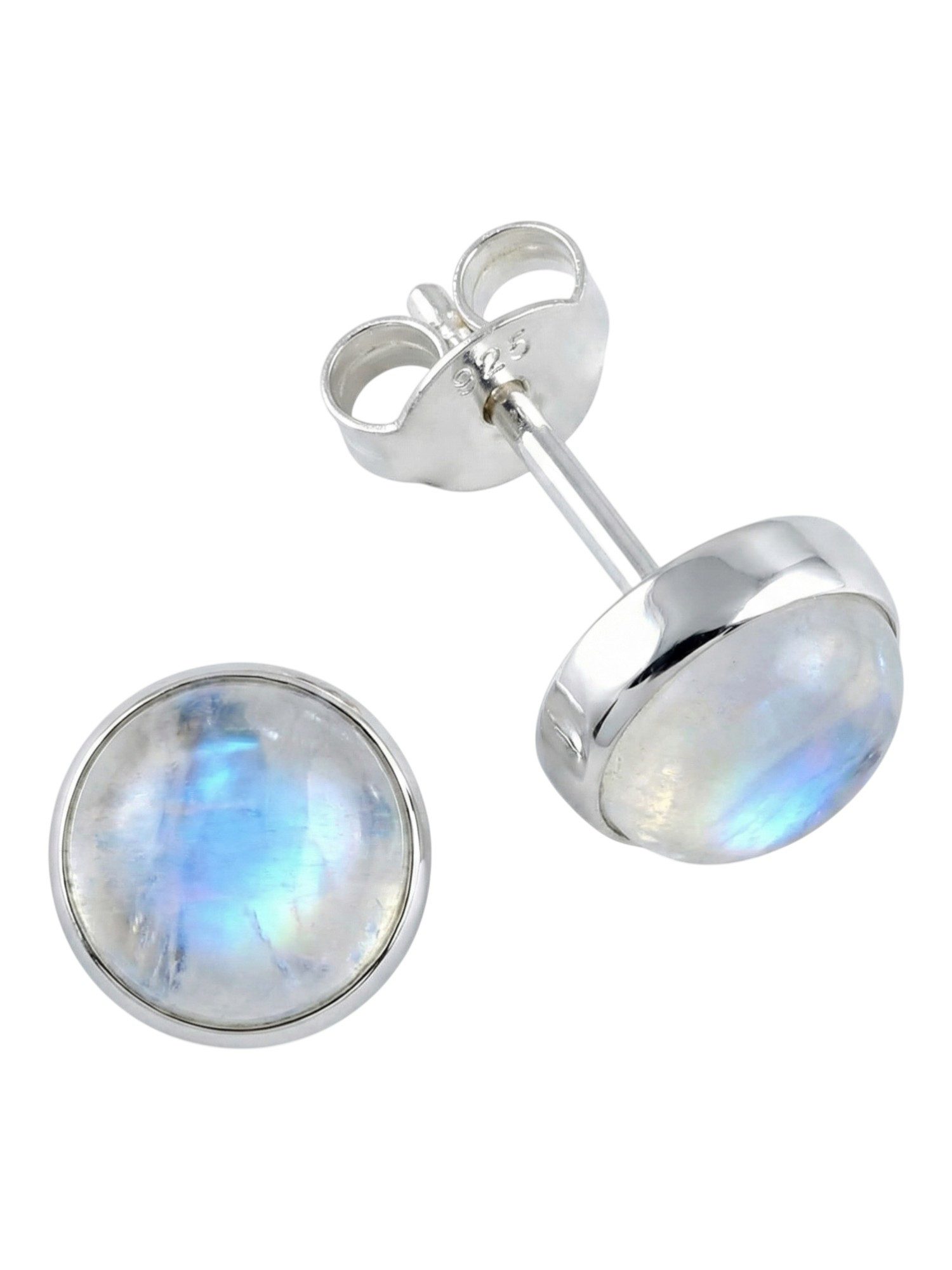 mantraroma Paar Ohrstecker SAMA rund medium aus 925 Silber mit Regenbogen Mondstein (Paar, Paar Ohrringe mit Schmuckbeutel), 925 Sterling Silber Ohrringe für Damen