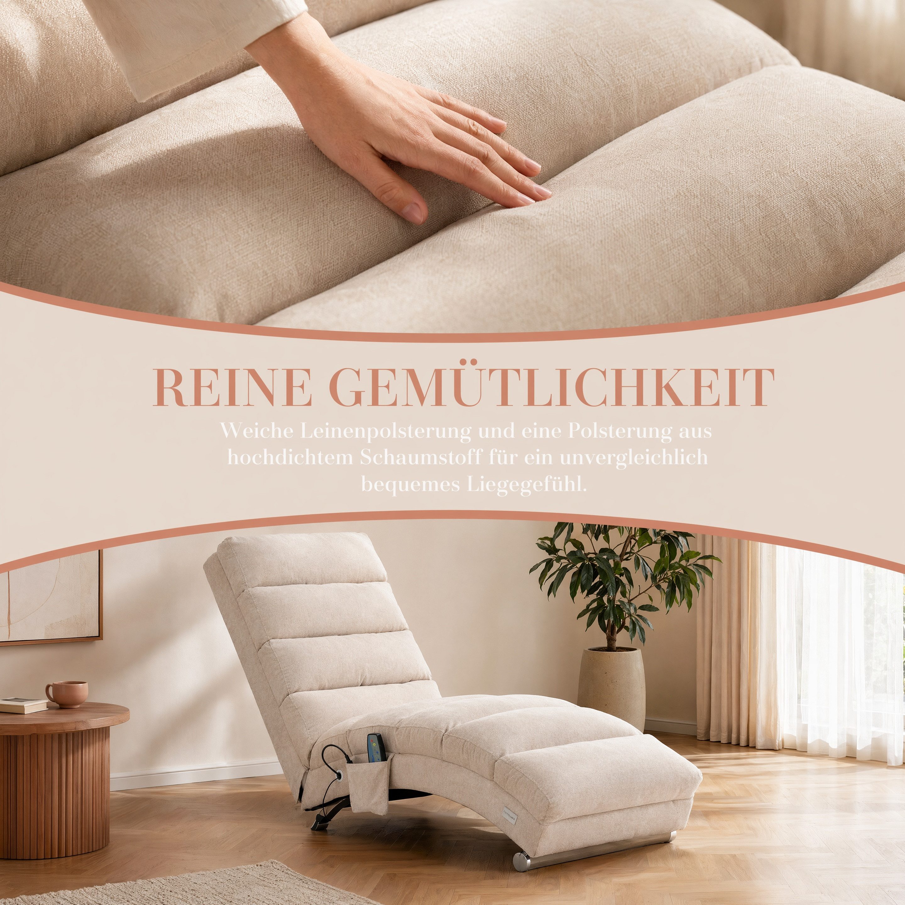 Totnz Relaxliege mit Massagefunktion, Leinenbezug, ergonomische Rückenlehne 140°, gepolstert mit Knopfheftung, Seitentasche, stabiler Holzrahmen & Stahlbeine