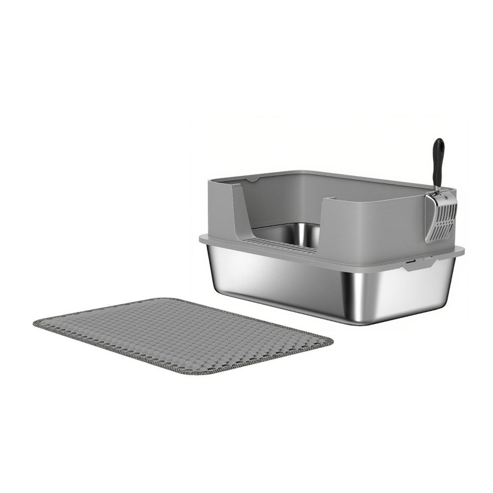 FANNOU Katzentoilette für Katzen bis 7 kg, 60,2 x 40,2 x 29,5 cm, Edelstahl Offene Katzenklo mit Schaufel hohem Rand Matte
