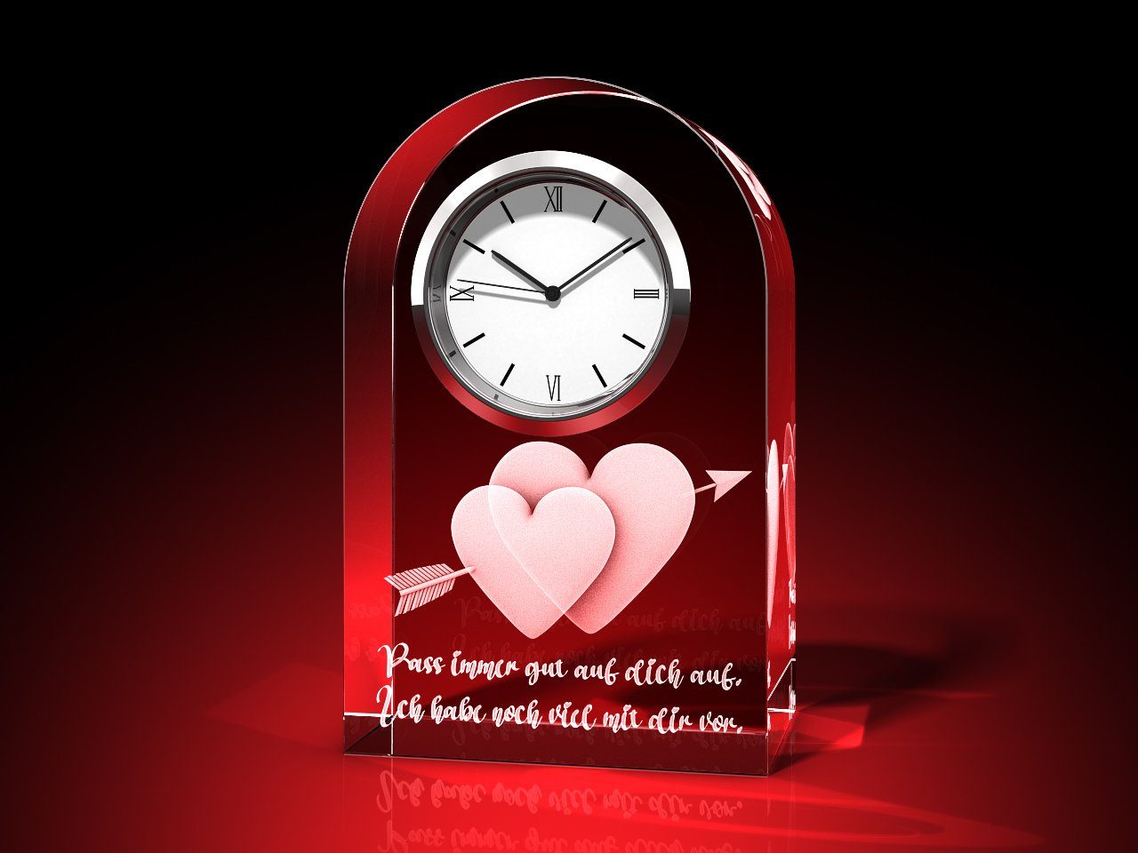 GLASFOTO.COM Tischuhr Zwei Herzen + Pass auf dich auf - Uhr, Glas rund Valentinstag (B x H x T)60 x 95 x 40 mm, 550 g