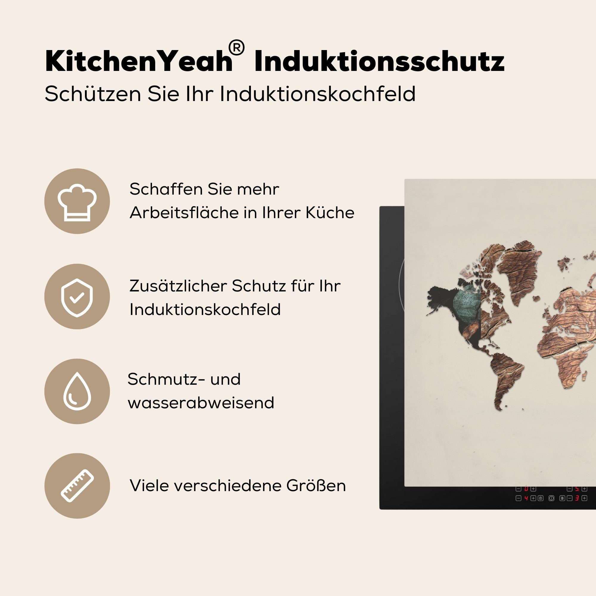 MuchoWow Herdblende-/Abdeckplatte Weltkarte - Ceranfeldabdeckung, Einfach (1 Arbeitsplatte Holz, Vinyl, tlg), - küche für 78x78 cm