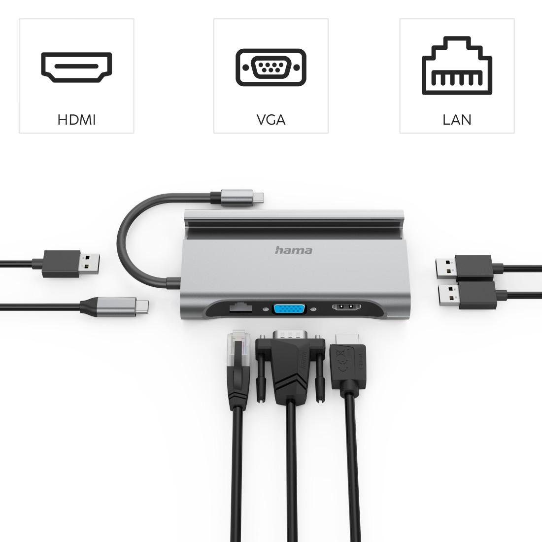 Hama USB-C-Hub 7 Ports VGA HDMI, USB-Adapter USB-C zu 3x Multiport-Adapter C, RJ-45 cm (Ethernet), USB USB USB-C VGA, 15 A, Typ USB-A Typ HDMI™LAN