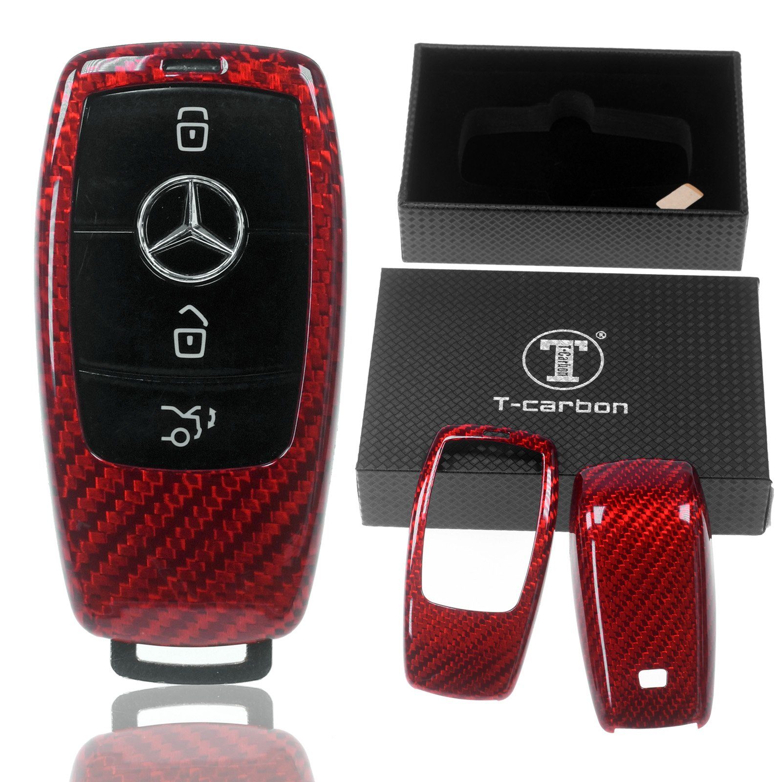 T-Carbon Schlüsseltasche Auto Schlüssel Carbon-Optik Schutz Hülle Rot, für Mercedes Benz W213 S213 C238 A238 W238 W222 KEYLESS SMARTKEY