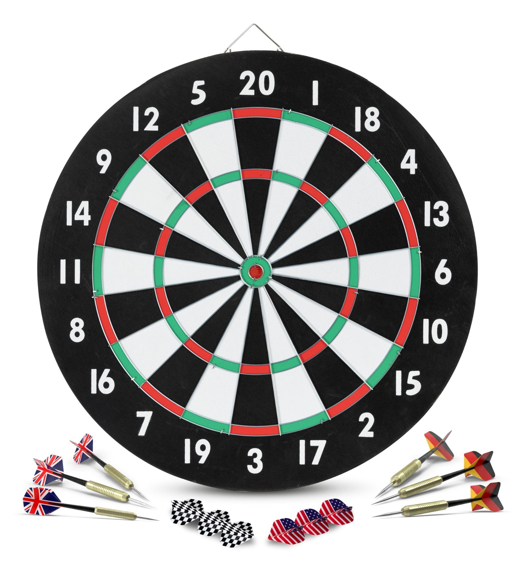 Stagecaptain Dartscheibe DBP-1810 BullsEye Papier-Dartscheibe, (Dartboard-Set, inkl. 6 Dartpfeilen und 12 Flights), Steeldartscheibe aus Paper, zweiseitig bespielbar