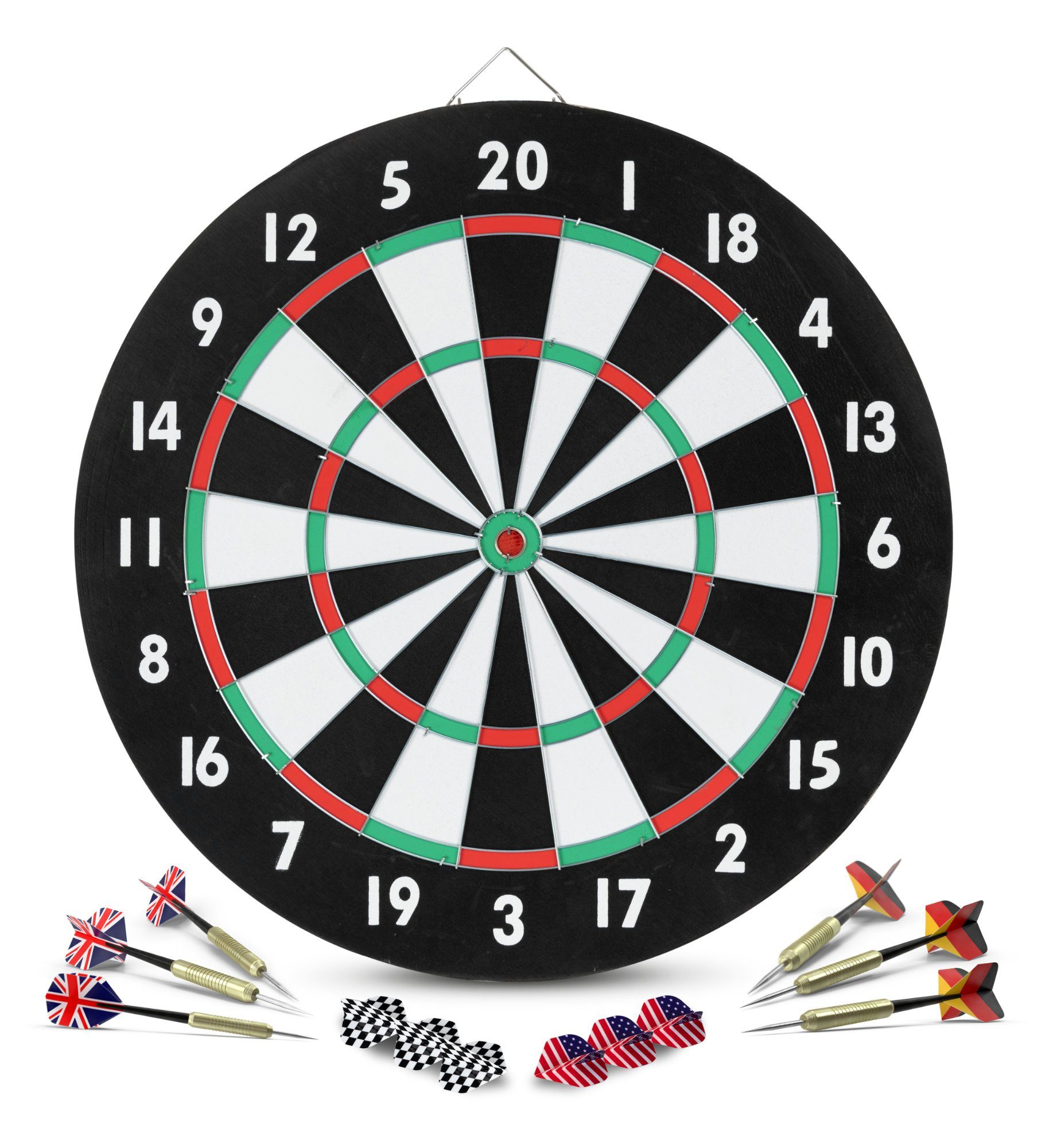 Stagecaptain Dartscheibe DBP-1810 BullsEye Papier-Dartscheibe, (Dartboard-Set, 18-tlg., inkl. 6 Dartpfeilen und 12 Flights), Steeldartscheibe aus Paper, zweiseitig bespielbar