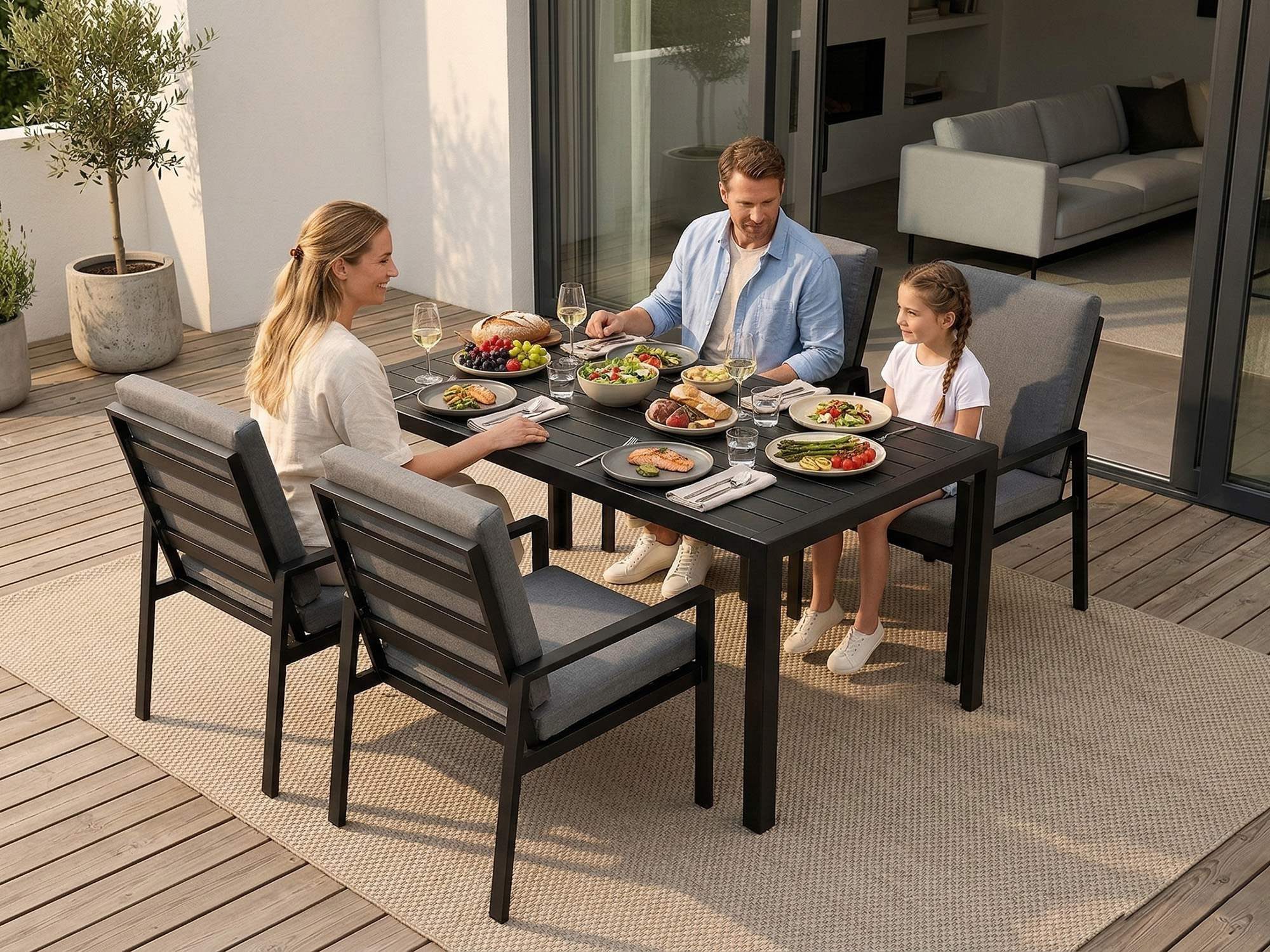 MeXo Gartenlounge-Set Gartenmöbel Set Aluminium Outdoor, (Garten-Essgruppe für 4 Personen, 5-tlg., mit Polywood Tisch & Auflagen), wetterfest für Terrasse & Garten