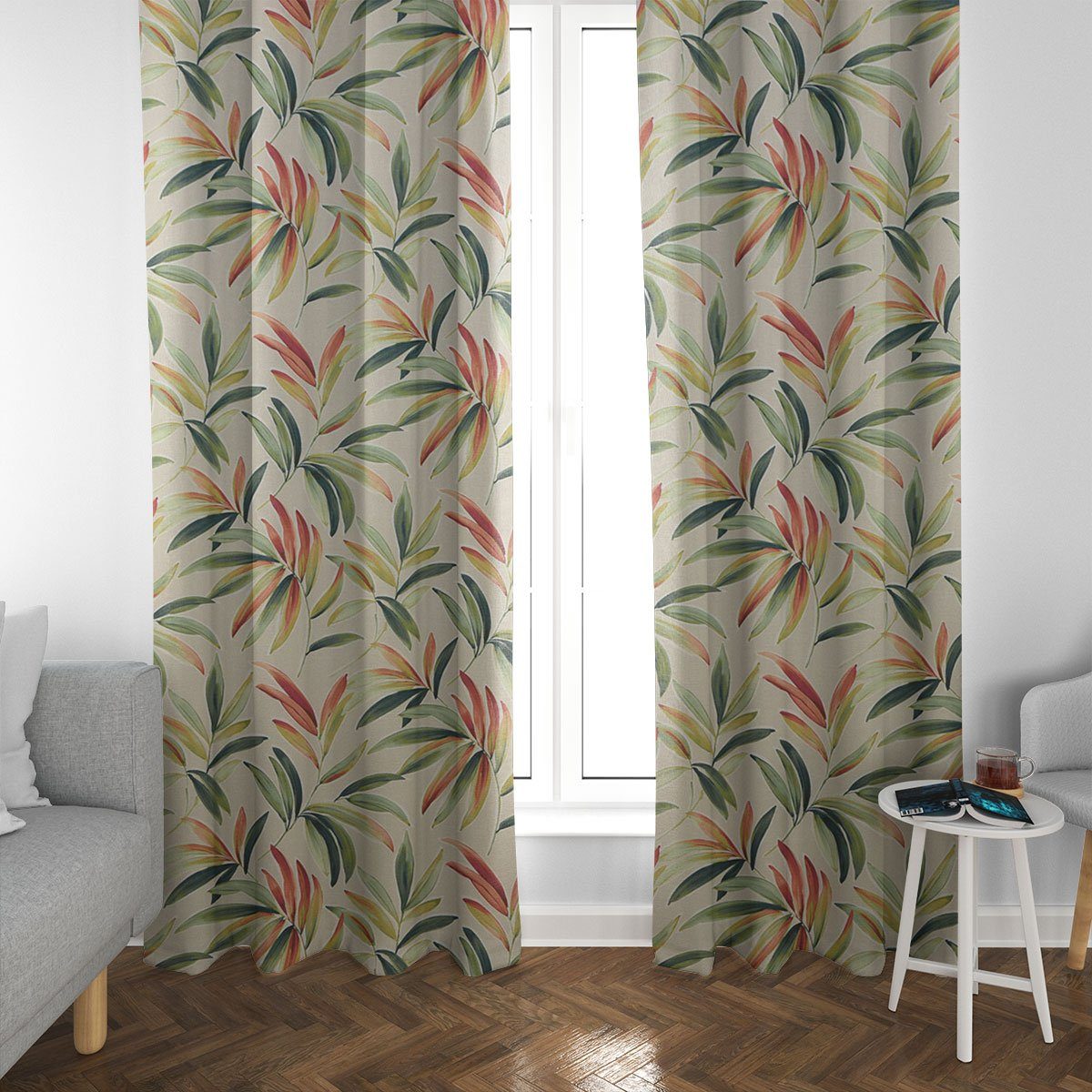 SCHÖNER LEBEN. Vorhang SCHÖNER LEBEN. Vorhang Blätter Zweige beige grün rot 245cm, Smokband, blickdicht, Baumwolle, handmade