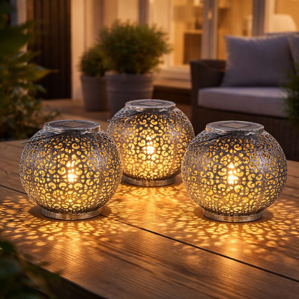 Expo Börse LED Kugelleuchte, Leuchtmittel inklusive, Warmweiß, Solarlampe Hängeleuchte Tischlampe Gartendeko LED orientalisch 3er Set