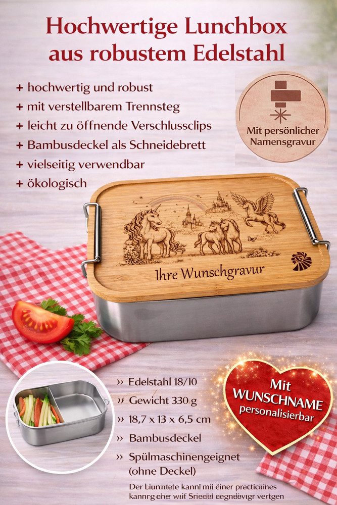 Trollingshop Lunchbox Edelstahl Lunchbox mit "Einhorn-Motiv", personalisiert, (personalisierbar mit Ihrem Namen), inklusive Ihrer persönlichen Wunschgravur (Namengravur)