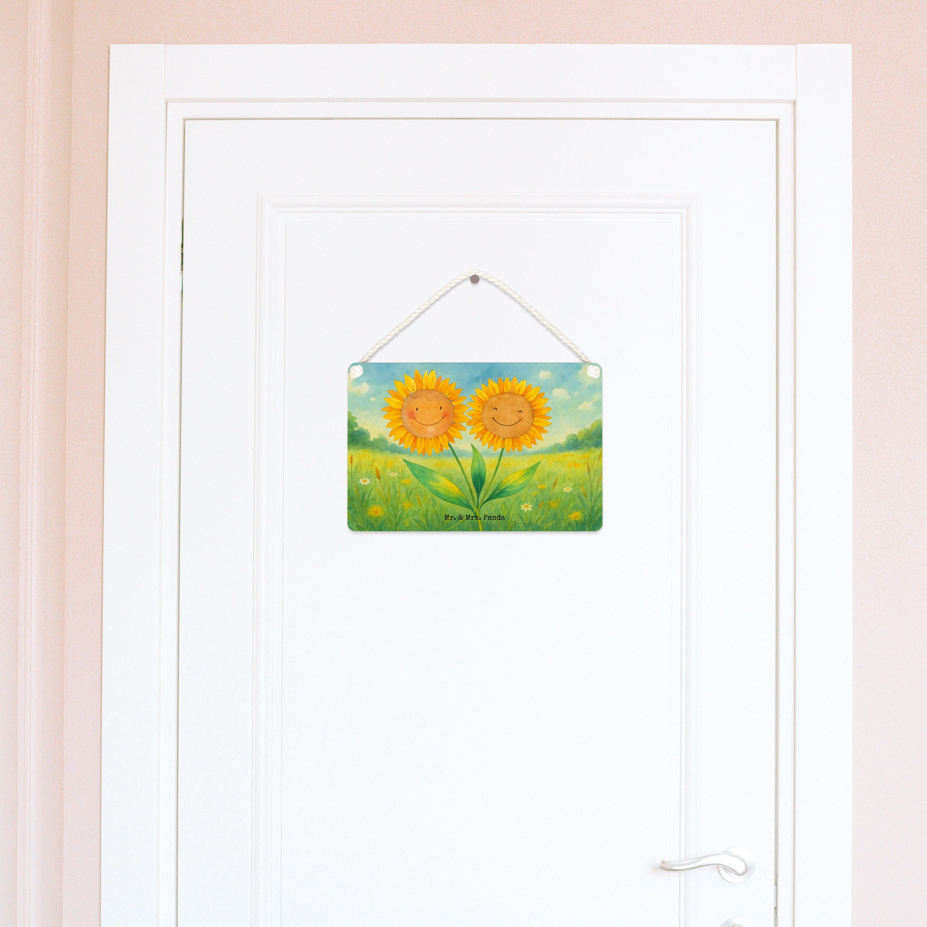 Mr. & Mrs. Panda Hinweisschild Blume Sonnenblume Design, Schild DIN A6, Weiß, kleine aufmerksamkeit, (Packung), Türschild Wandbild Holz Deko Wandbild