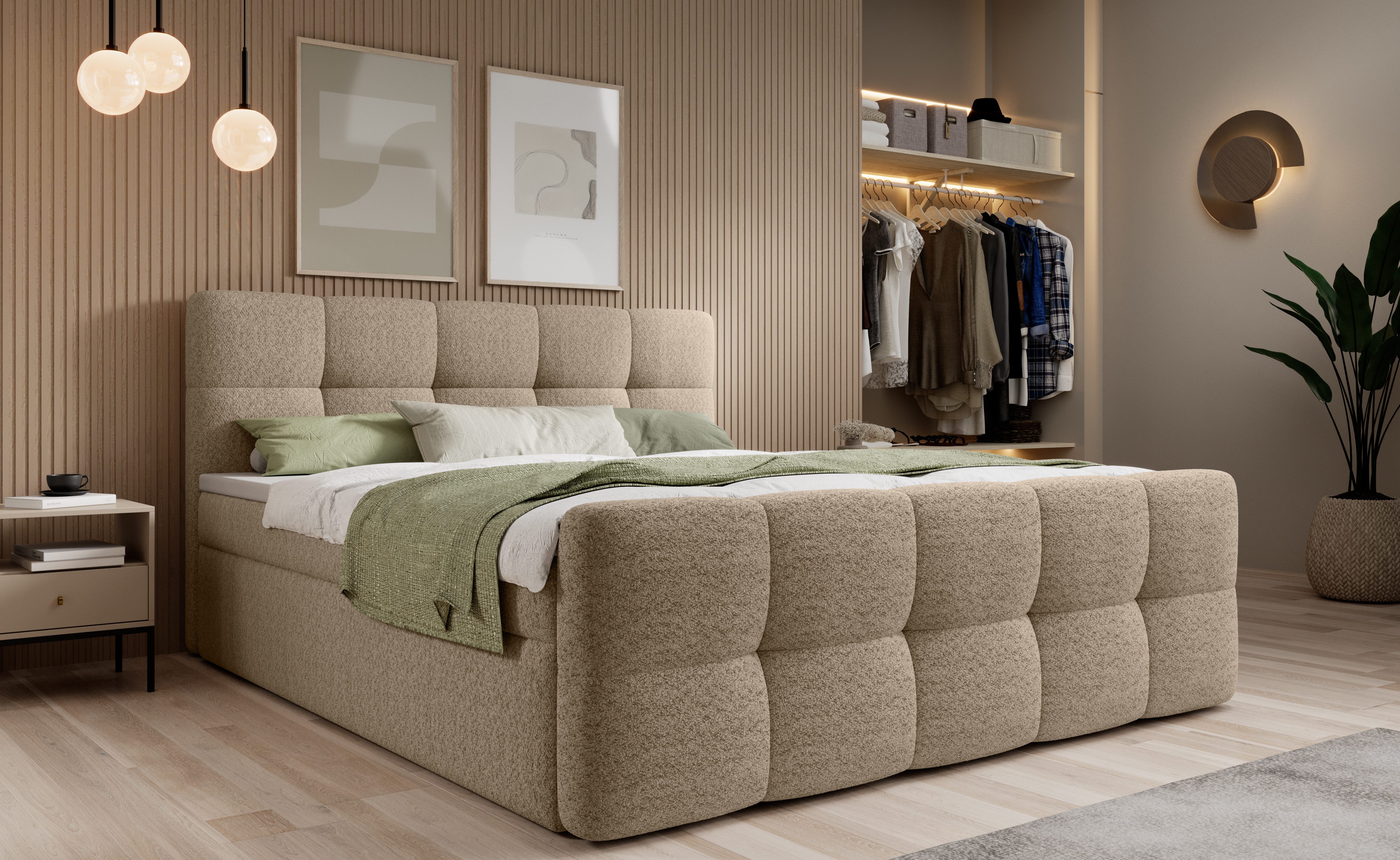 thematys Boxbett mit Bettkasten 140x200–200x200 cm – Velours oder Bouclé Bezug – (Polsterbett Bonnellfederkern Matratze H3 + Gratis 3cm Topper, Boxbett - Luxus Doppelbett mit Stauraum)