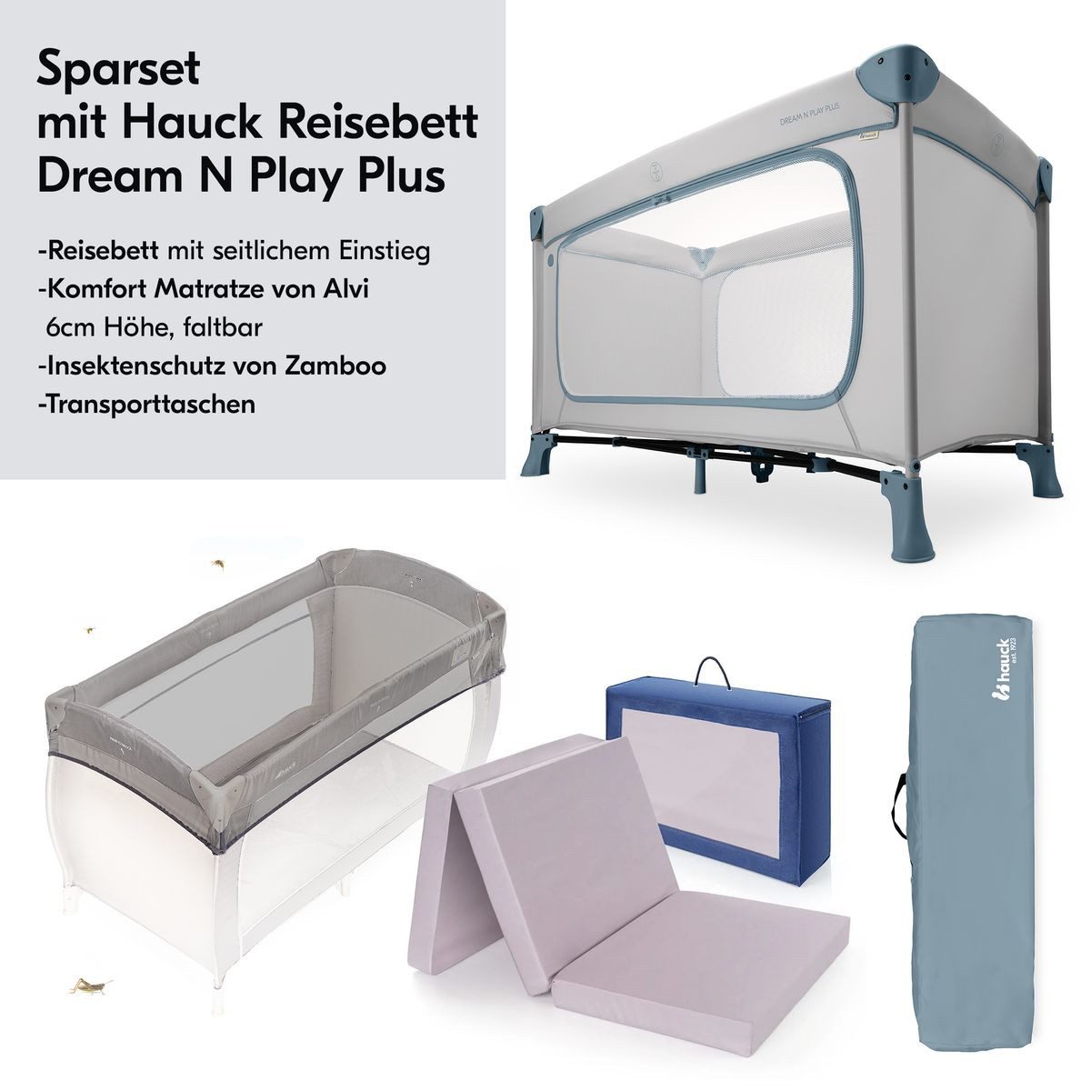 Hauck Baby-Reisebett Dream N Play Plus Set - Dusty Blue, Kinder Babyreisebe günstig online kaufen