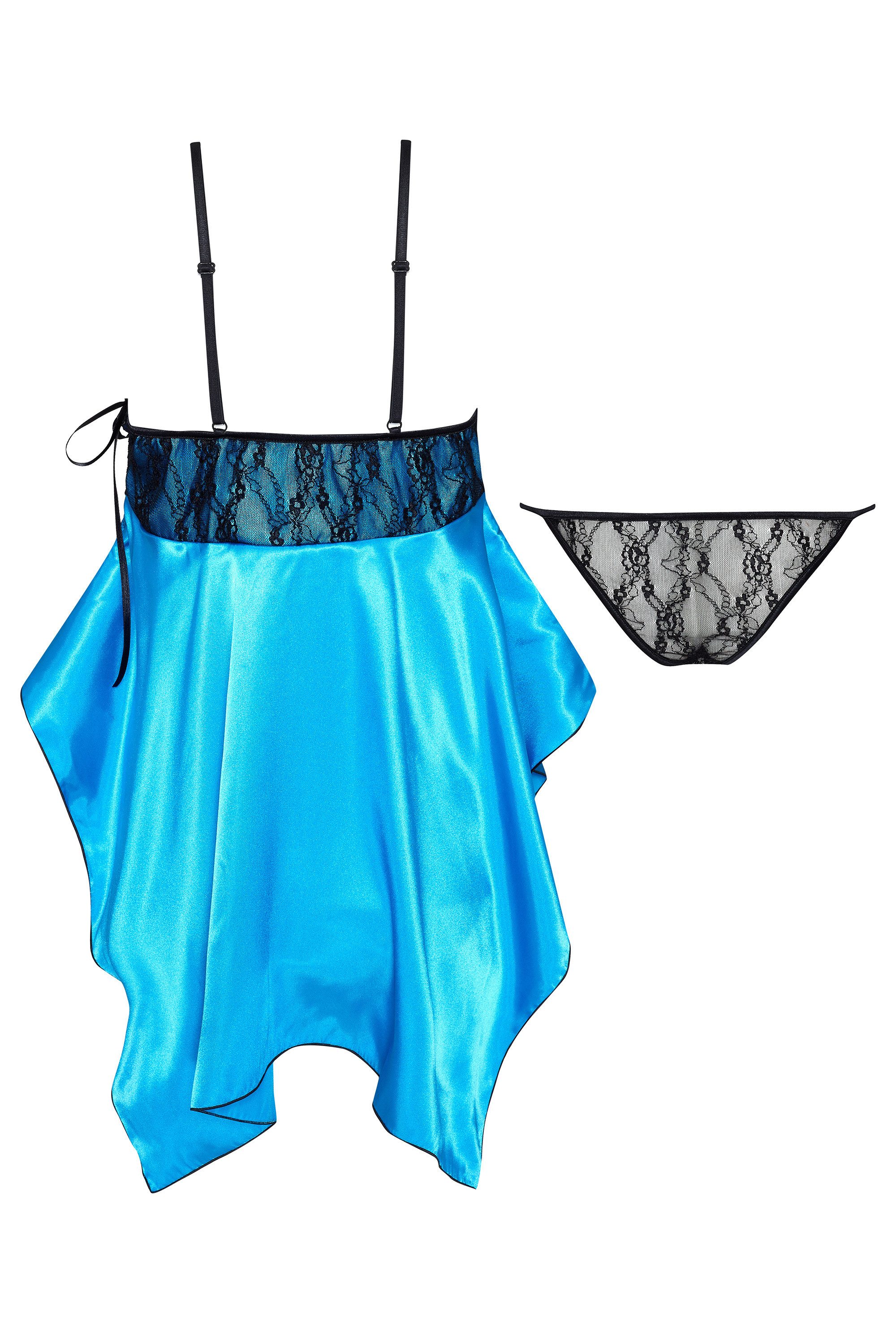 Beauty Night Fashion Negligé Negligee Julieta türkis-schwarz aus Satin mit (2-tlg)