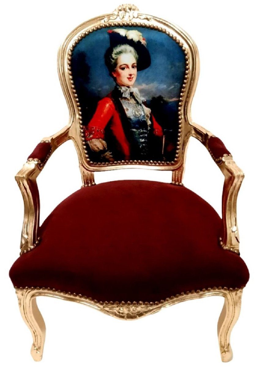Casa Padrino Besucherstuhl Barock Salon Stuhl Dame Bordeauxrot / Gold - Handgefertigter Antik Stil Stuhl mit Armlehnen - Möbel im Barockstil