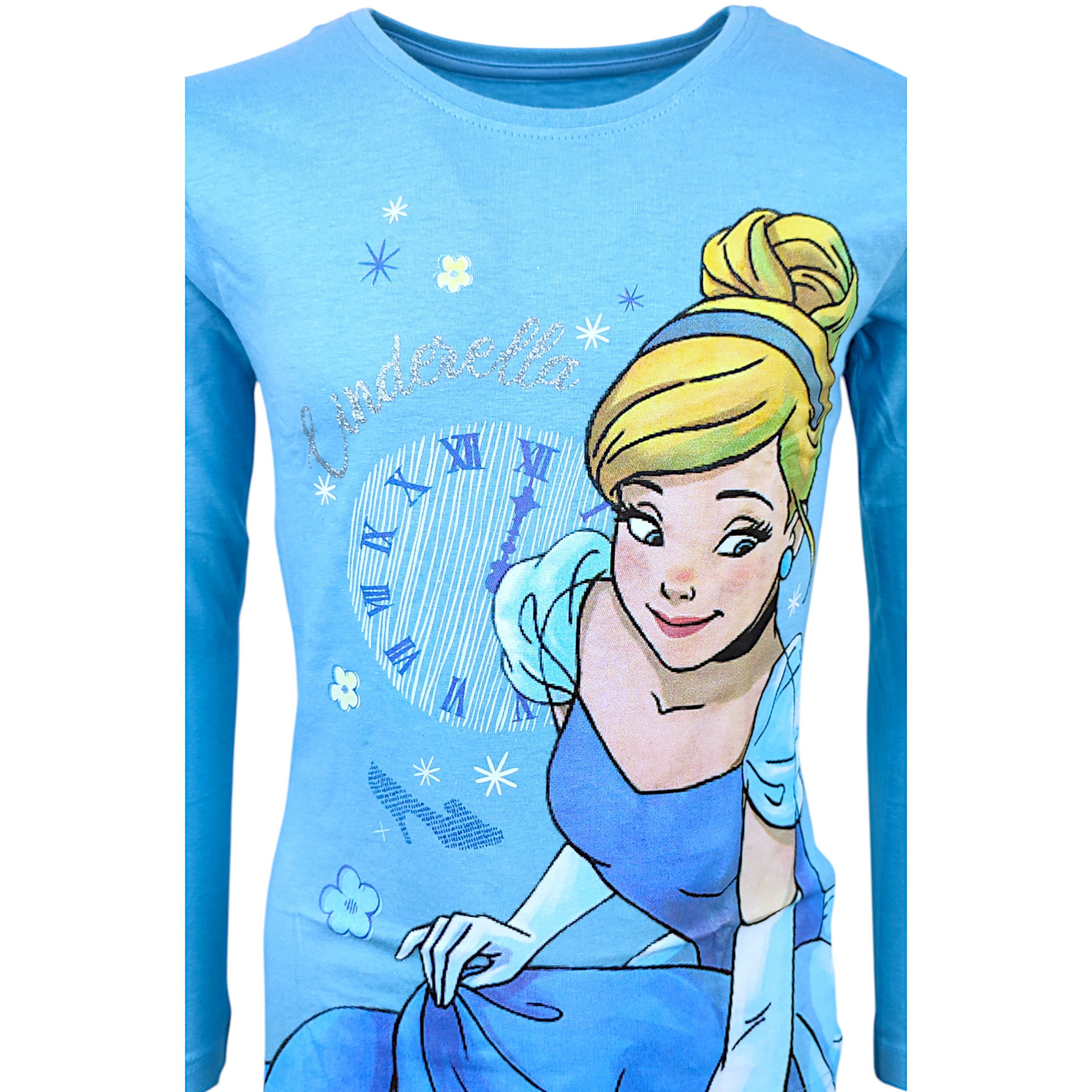 Disney Princess Langarmshirt Cinderella Mädchen Shirt mit Glitzer aus Baumwolle Gr. 98 - 128 cm