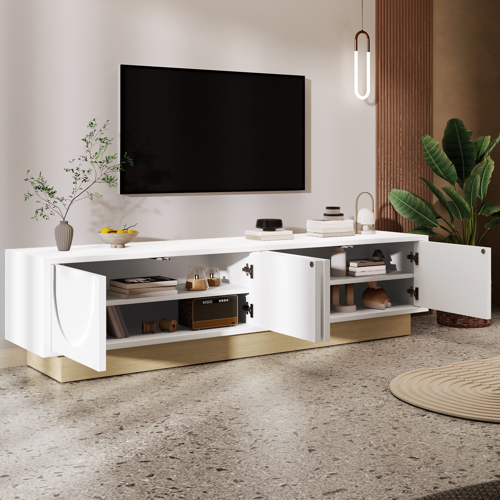 HAUSS SPOLE TV-Schrank mit Holzmaserung Minimalistisches Kurvendesign, Ausreichender Stauraum (Fernsehschrank, TV-Board, 1-St., Kabelmanagement, Ausreichender Stauraum) mit Holzoptik an der Basis