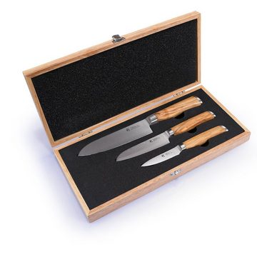 Wakoli Messer-Set Wakoli Olive 3er Damastmesser-Set Klingen von 8,50 - 17,00cm mit Holzb