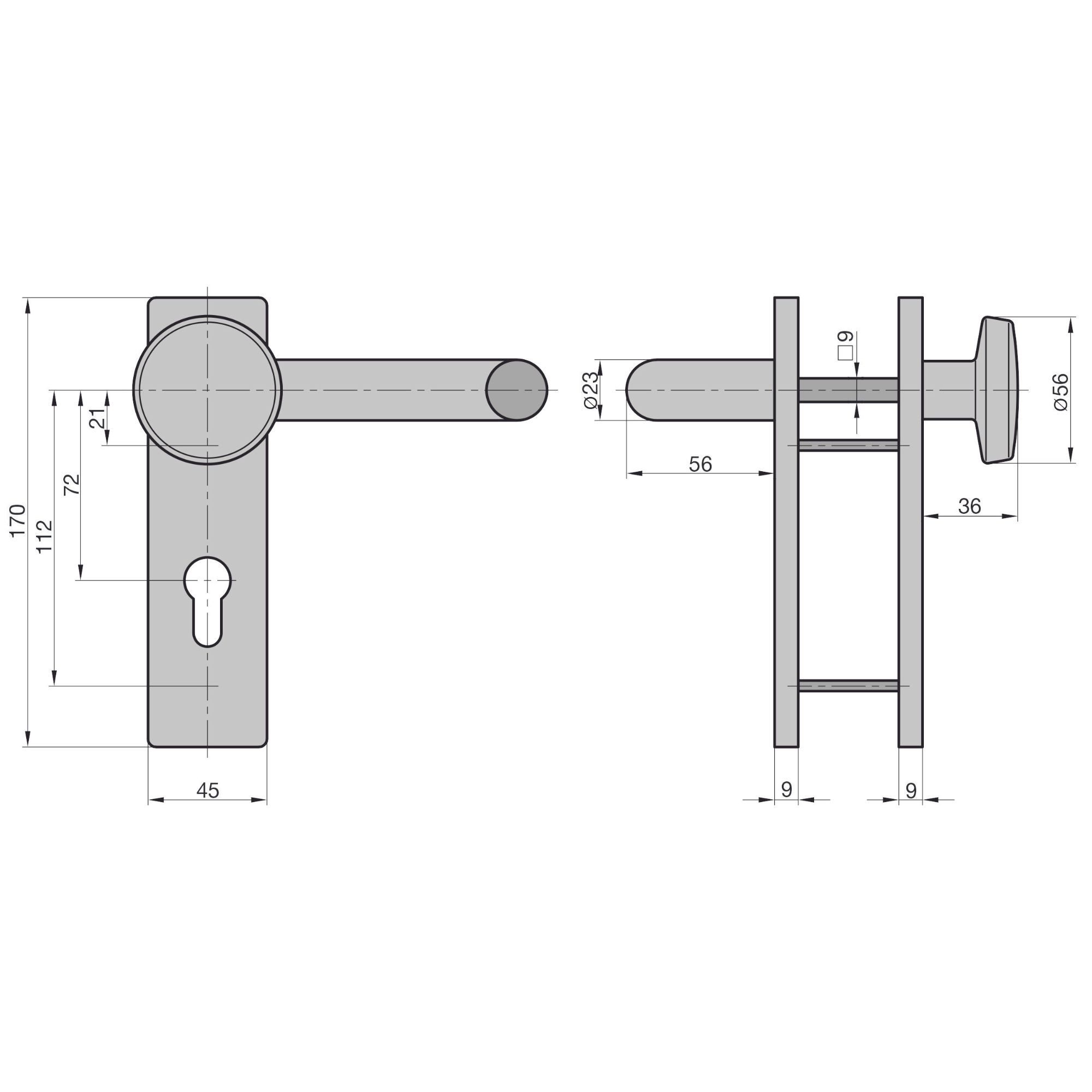 Thumbnail - BASI Türbeschlag Wechsel-Garnitur (Packung), Feuerschutzbeschlag PZ 72/9 mm, Aluminium F1, Türstärken 44 - 66 mm