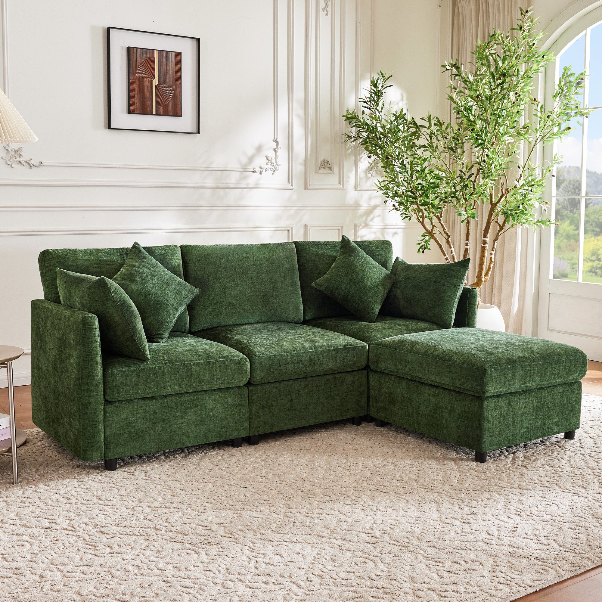 Merax Ecksofa mit Fußhocker und 4 Kissen, 3-Sitzer Sofagarnitur, modulare Couch aus Chenille-Stoff