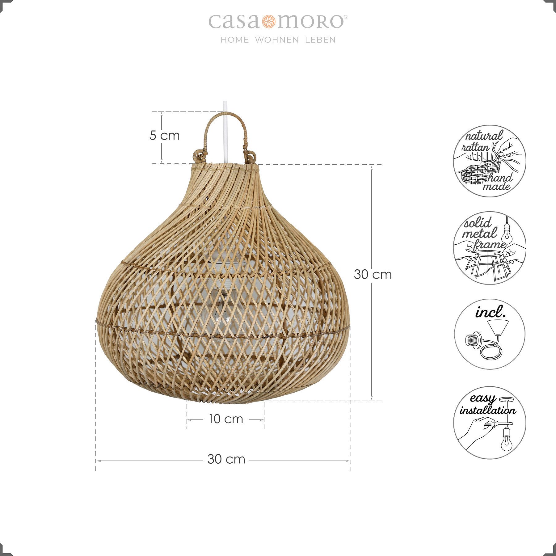 Casa Moro Deckenleuchte Rattan Lampe Natur – Hängelampe & Deckenlampe Ø 30 x H 35 cm, ohne Leuchtmittel, E27, Pendelleuchte, Geflochten, Esszimmer, Wohnzimmer, Schlafzimmer