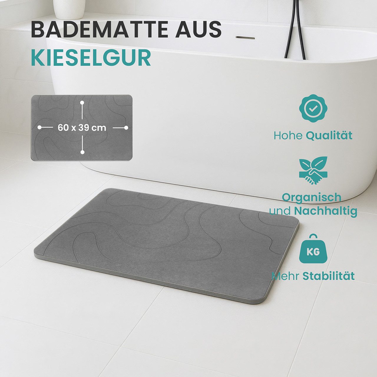 Kieselgur Badematte Rutschfest – 45x65 Cm, Grau, Natürlich, Saugstark & Leicht Zu Reinigen