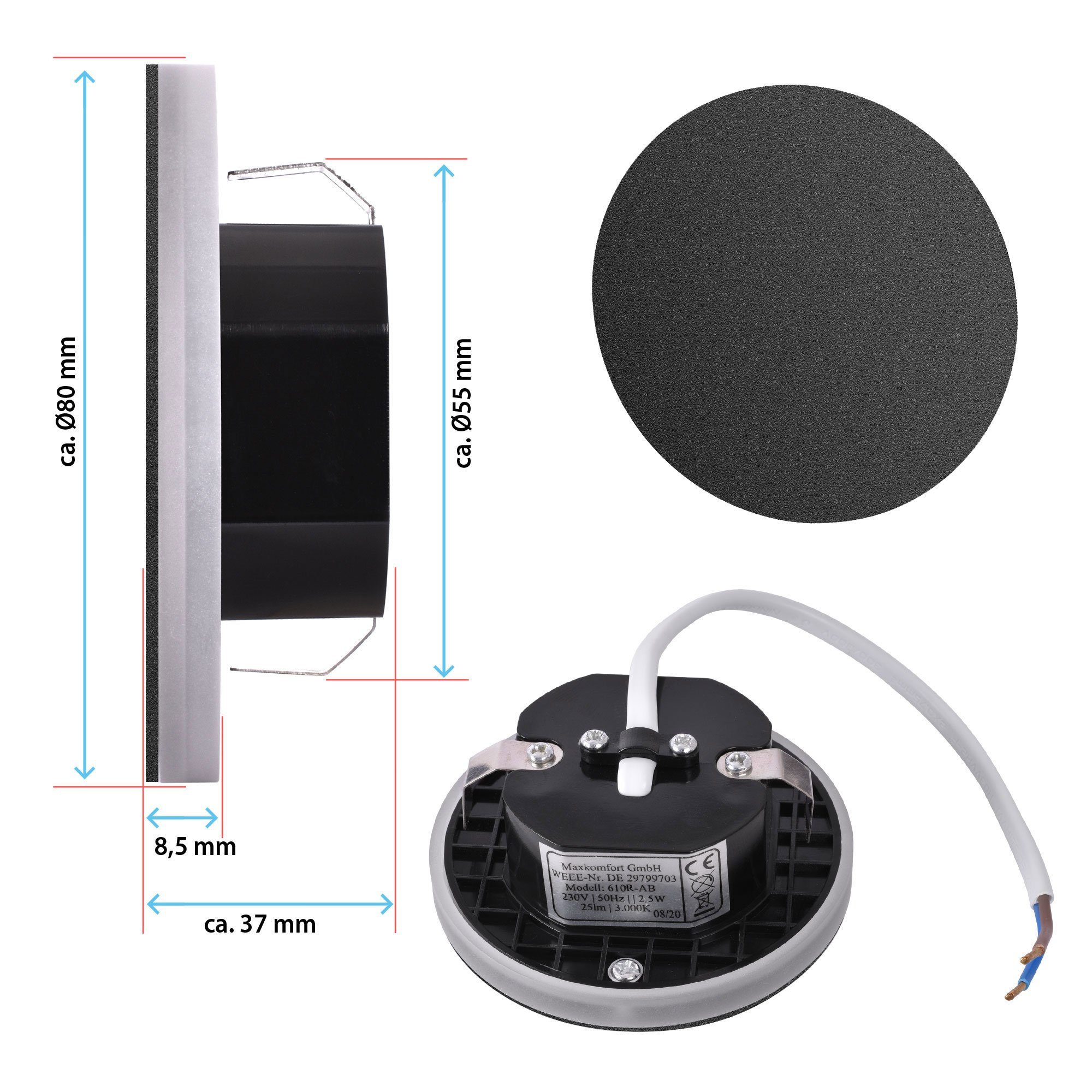 Maxkomfort LED Wandstrahler Treppenbeleuchtung LED 230V, Warmweiß 2,5W, Rund & Eckig, LED fest integriert, 3000K, Warmweiß, Treppenbeleuchtung