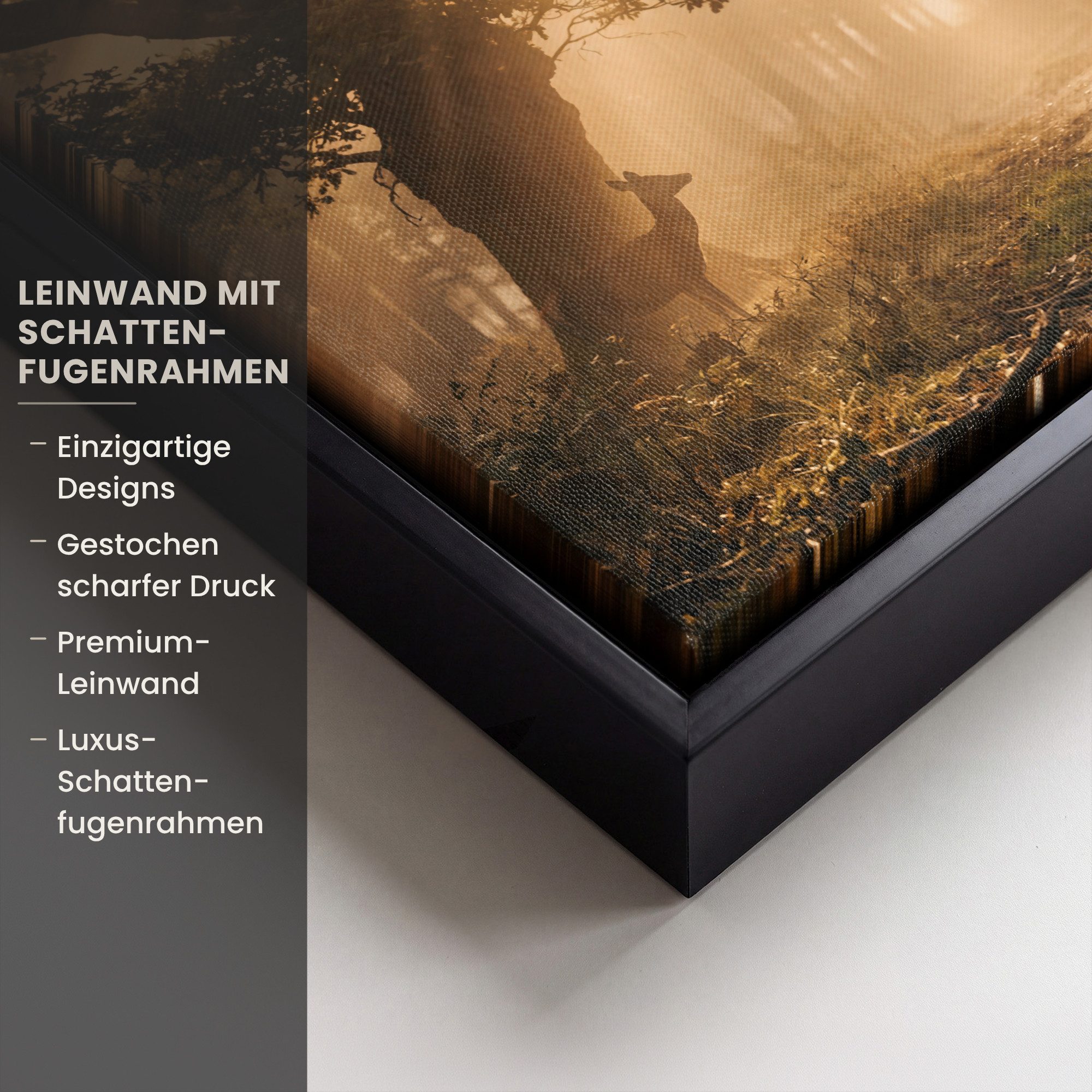 OneMillionCanvasses® Leinwandbild mit Rahmen - Hirsch - Wald - Neblig - Natur - Gold, Fotodruck (1 St), Leinwand Bilder Klein, Wand Dekoration Aesthetic 20x20cm