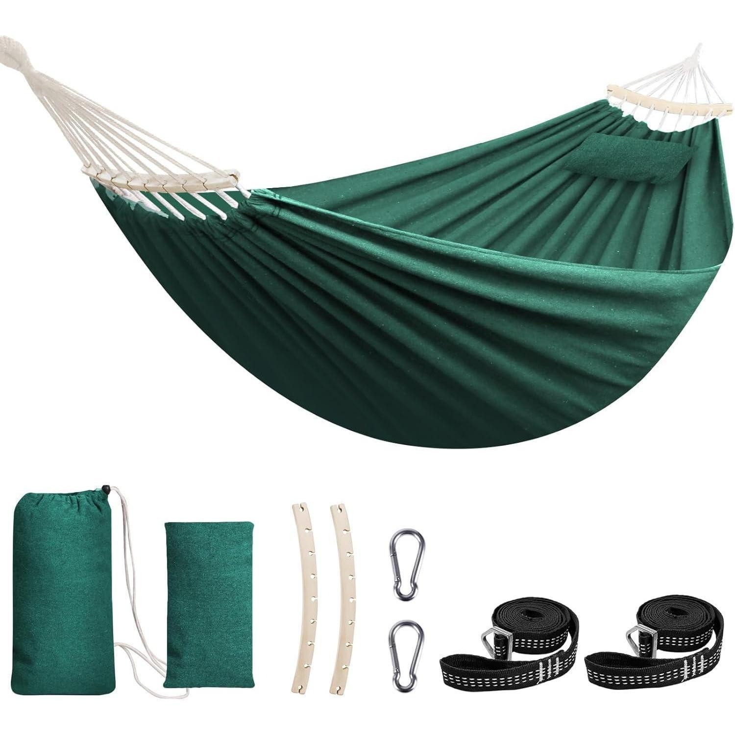 LuxusKollektion Hängematte Hängematte Baumwolle Camping 300kg Spreizstab Dunkelgrün 270x150cm (1 St)