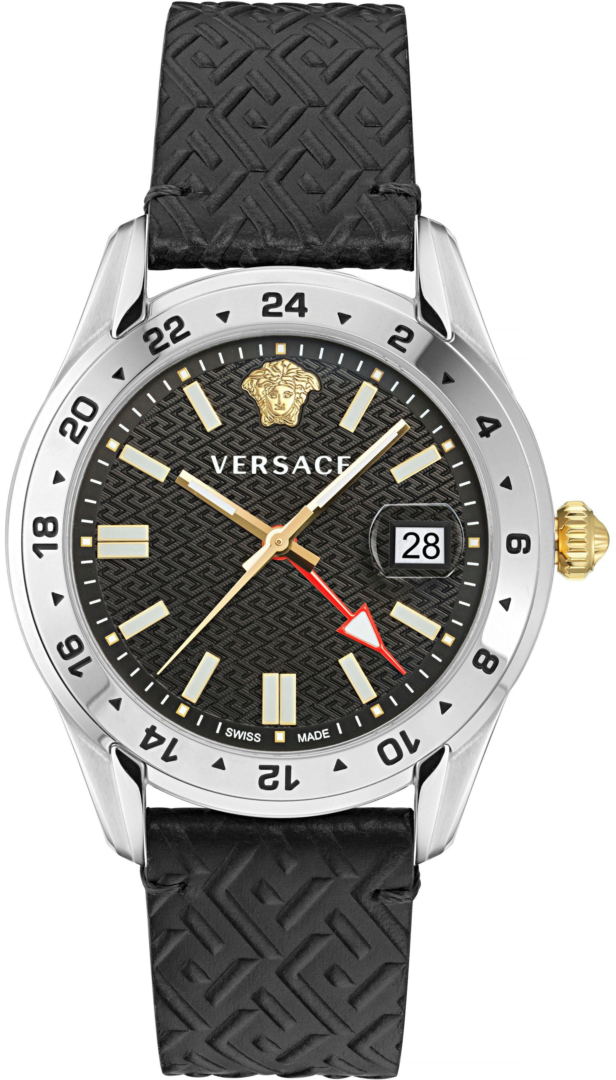 Versace Quarzuhr GRECA TIME GMT, Eindrucksvolle Herrenarmbanduhr VE7C00123