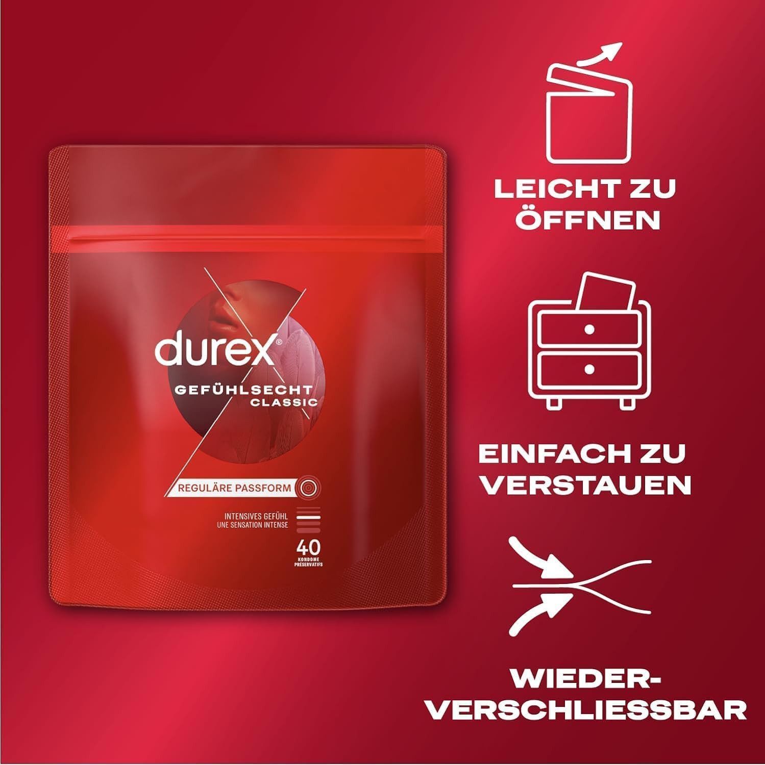 durex Kondome Gefühlsecht Classic mit anatomischer Easy-On-Form & Silikongleitgel Vorratspack, 40 St., ultra dünn, für intensives Gefühl