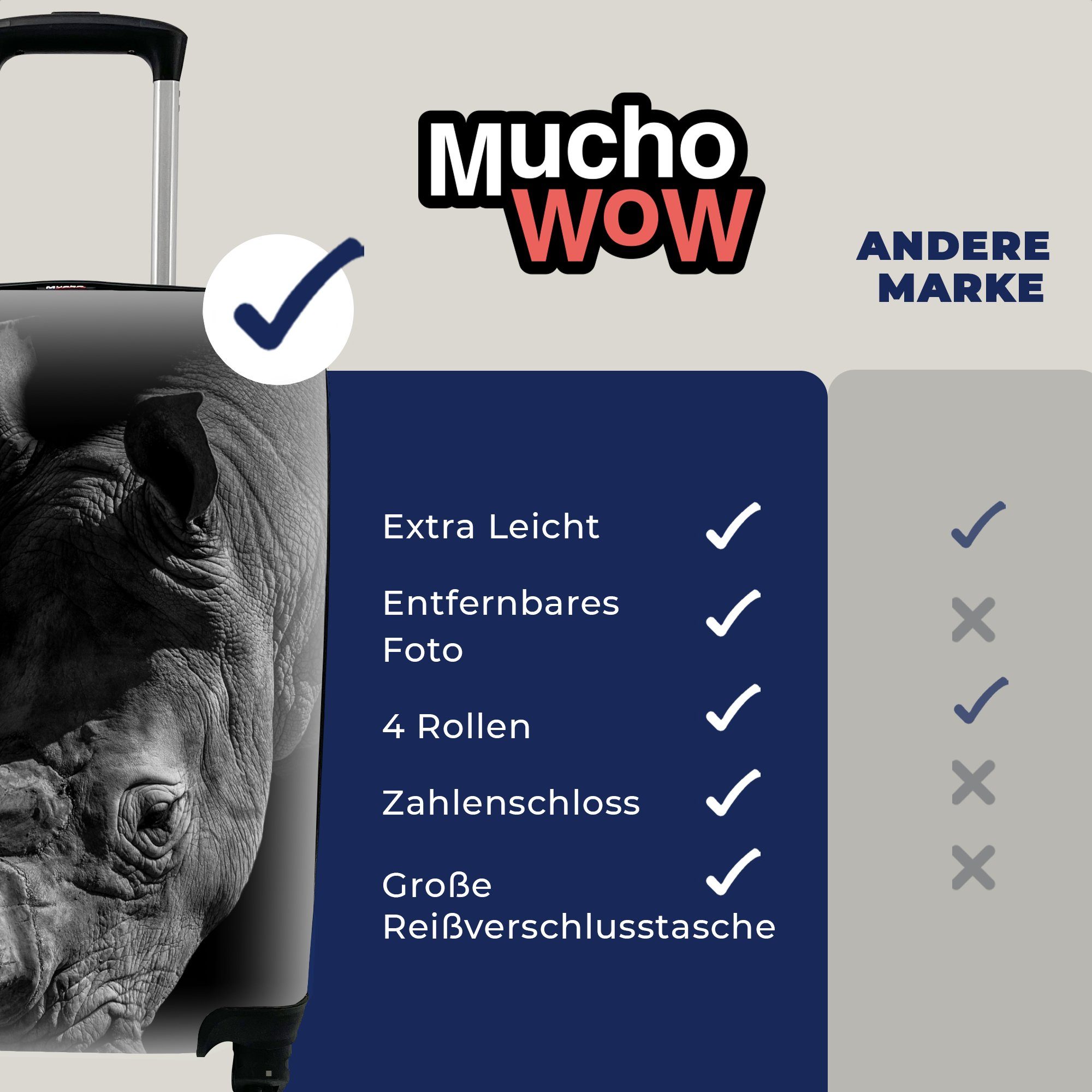 MuchoWow Handgepäckkoffer Nashorn - mit Reisekoffer Wildtier Porträt, Ferien, 4 Handgepäck rollen, für - Trolley, Rollen, Reisetasche