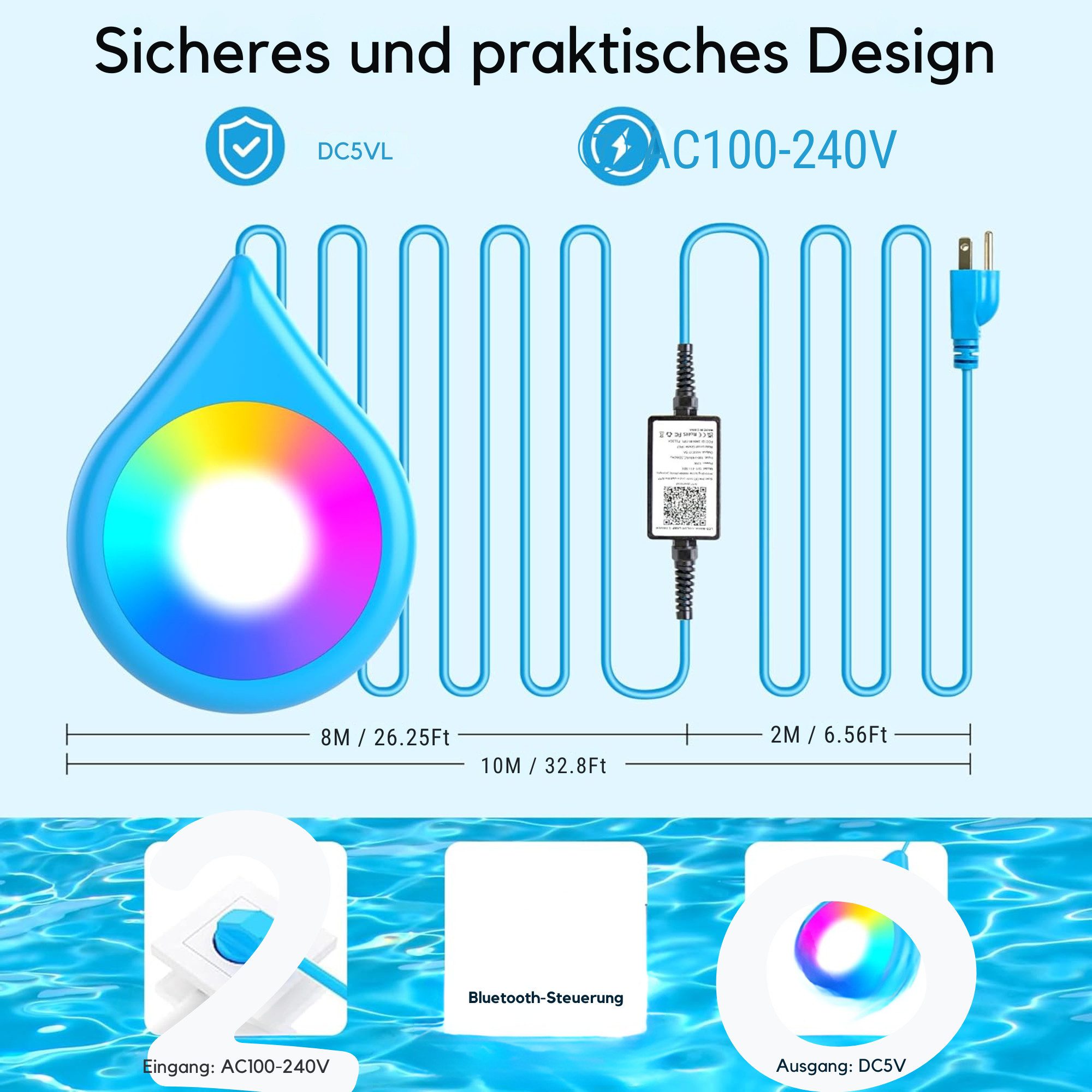 Vivitar Pool-Lampe 15W Poolbeleuchtung IP68 Wasserdicht & Dimmbar mit Magnet, LED fest integriert, RGB, APP-Steuerung - Farbwechselnde RGB-LED-Poolbeleuchtung für pool