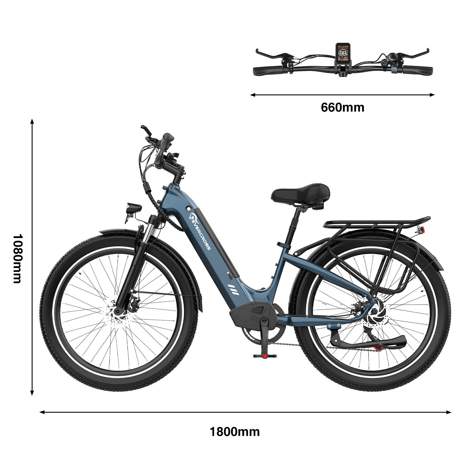 EVERCROSS TECH E-Bike Cityrad für Pendler,26",48V 15AH,7 Gang Shimano,65-90km,APP, 7 Gang, Heckmotor, 720 Wh, Herausnehmbare Batterie,E-Citybike mit Schloss, Pumpe
