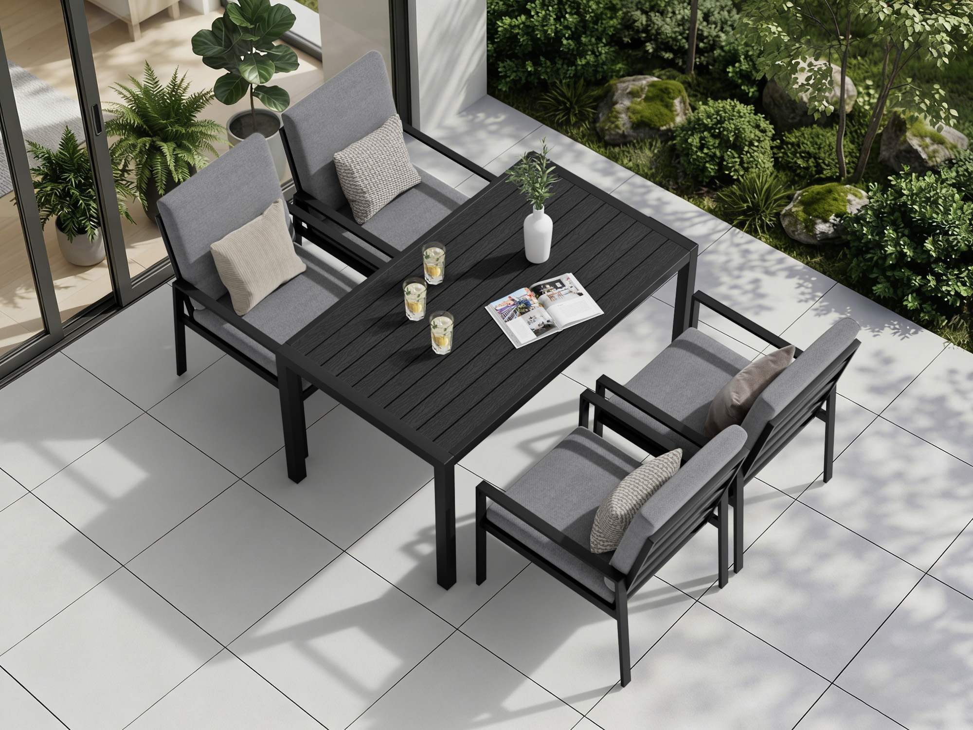 MeXo Gartenlounge-Set Lounge Gartenmöbelset Aluminium Wetterfest, (Garten Essgruppe für 4 Personen, 5-tlg., 4 Sessel, Esstisch 140x80x70 cm), 85 cm Rückenlehne, hoher Sitzkomfort