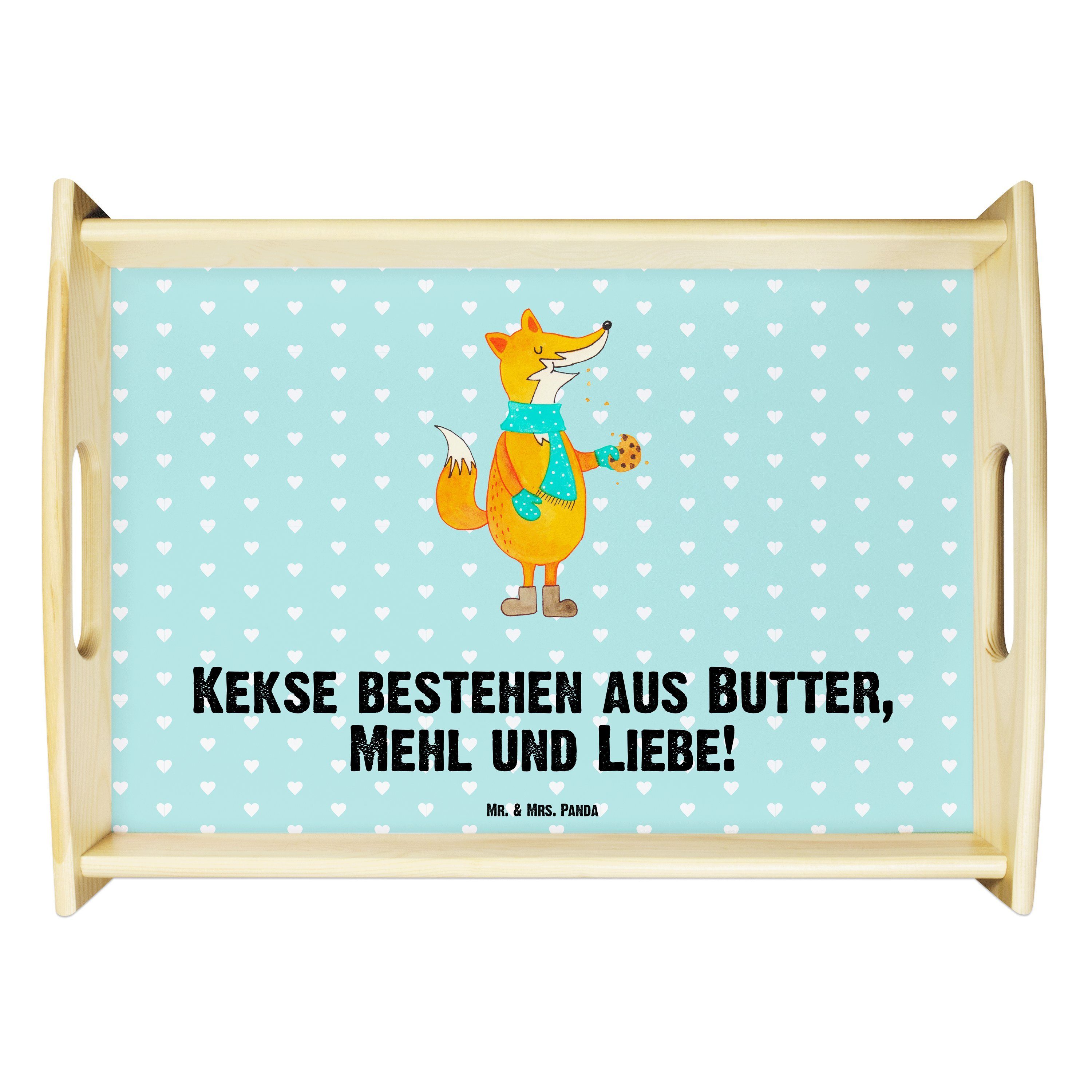 Mr. & Mrs. Panda Tablett Fuchs Keks - Türkis Pastell - Geschenk, frieren, Küchentablett, Frühs, Echtholz lasiert, (1-tlg)