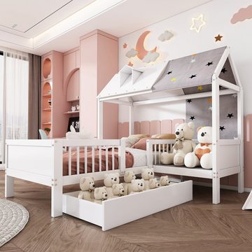 OKWISH Kinderbett aus massivem Kiefernholz (Hausbett mit Stauraum), L-Struktur