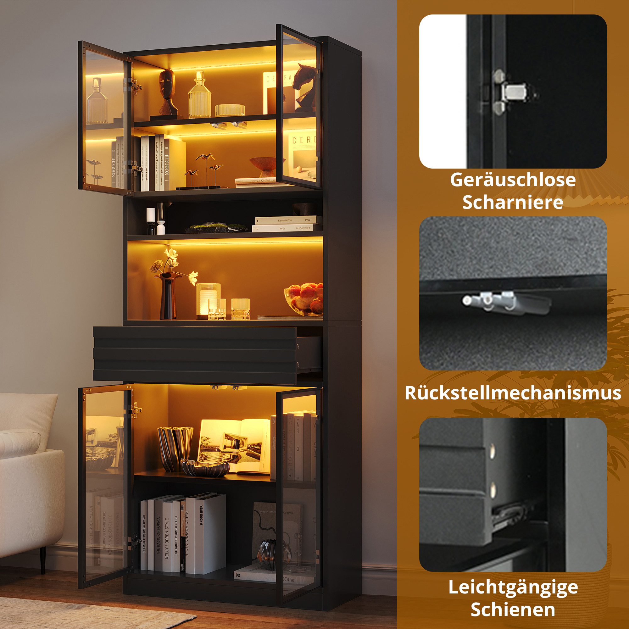 Merax Glasvitrine mit RGB LED-Beleuchtung inkl. App-Steuerung, 80 L x 35 B x 200 H cm (1-St., Wohnzimmerschrank Bücherschrank Ausstellungsschrank) Vitrine Hochs – Bild 5 von 5