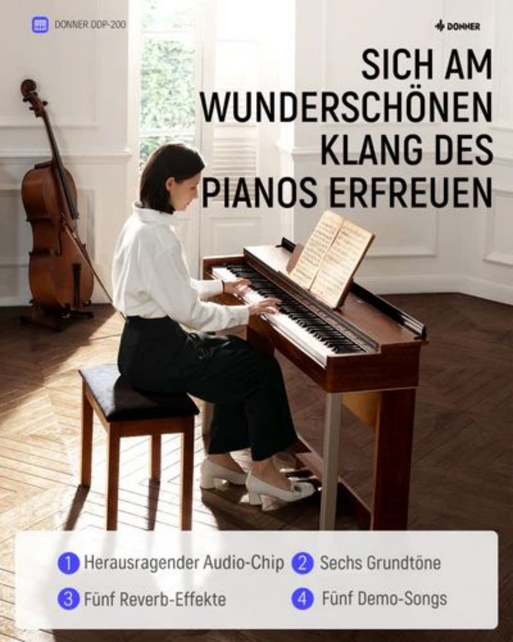 Donner Digitalpiano E-Piano 88 Tasten gewichtetes Hammermechanik Klavier DDP-200 (SET), Holzgehäuse, LCD-Display, 5 Reverb-Effekte, Bluetooth-MIDI, 3 Pedale