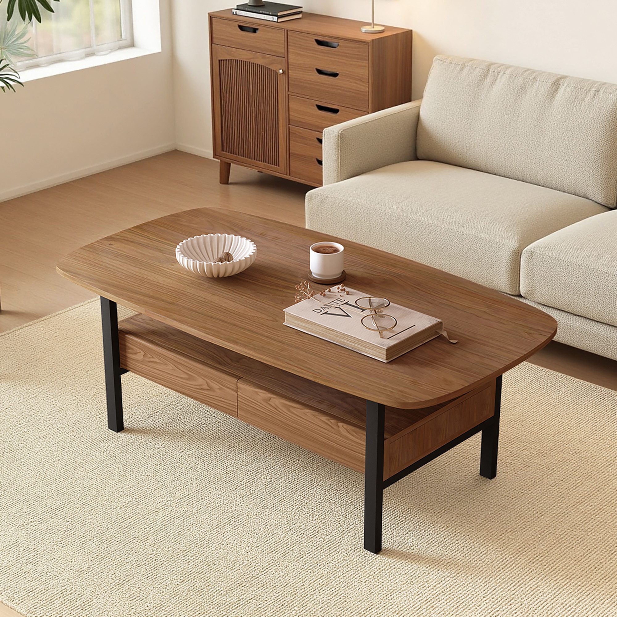 oleyluckidea Couchtisch Nussbaum wohnzimmertisch mit Stauraum,Kaffeetisch Vintage (Einzelstück), Breite 120 cm